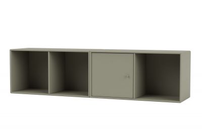 LINE Wandregal von Montana, graues Hängeregal mit zwei offenen Fächern und einer Tür.