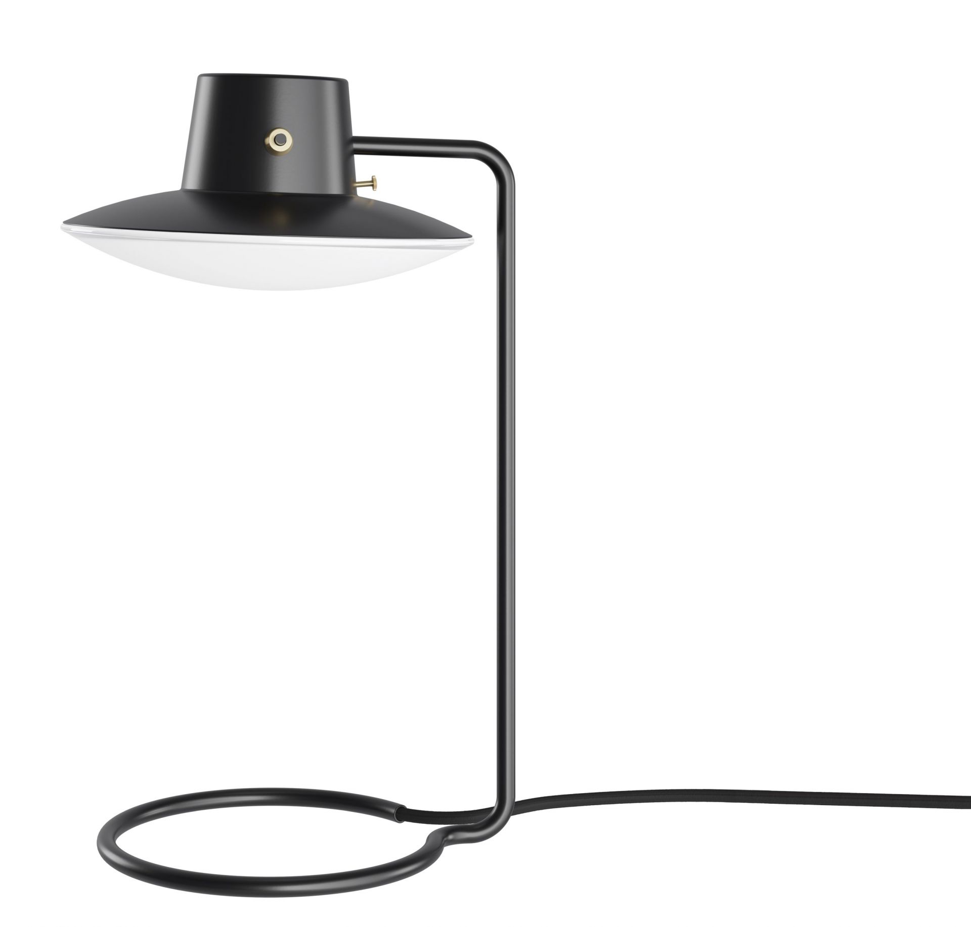 AJ Oxford Tischleuchte von Louis Poulsen, schwarz, mit Opalglas Schirm für blendfreies Licht.