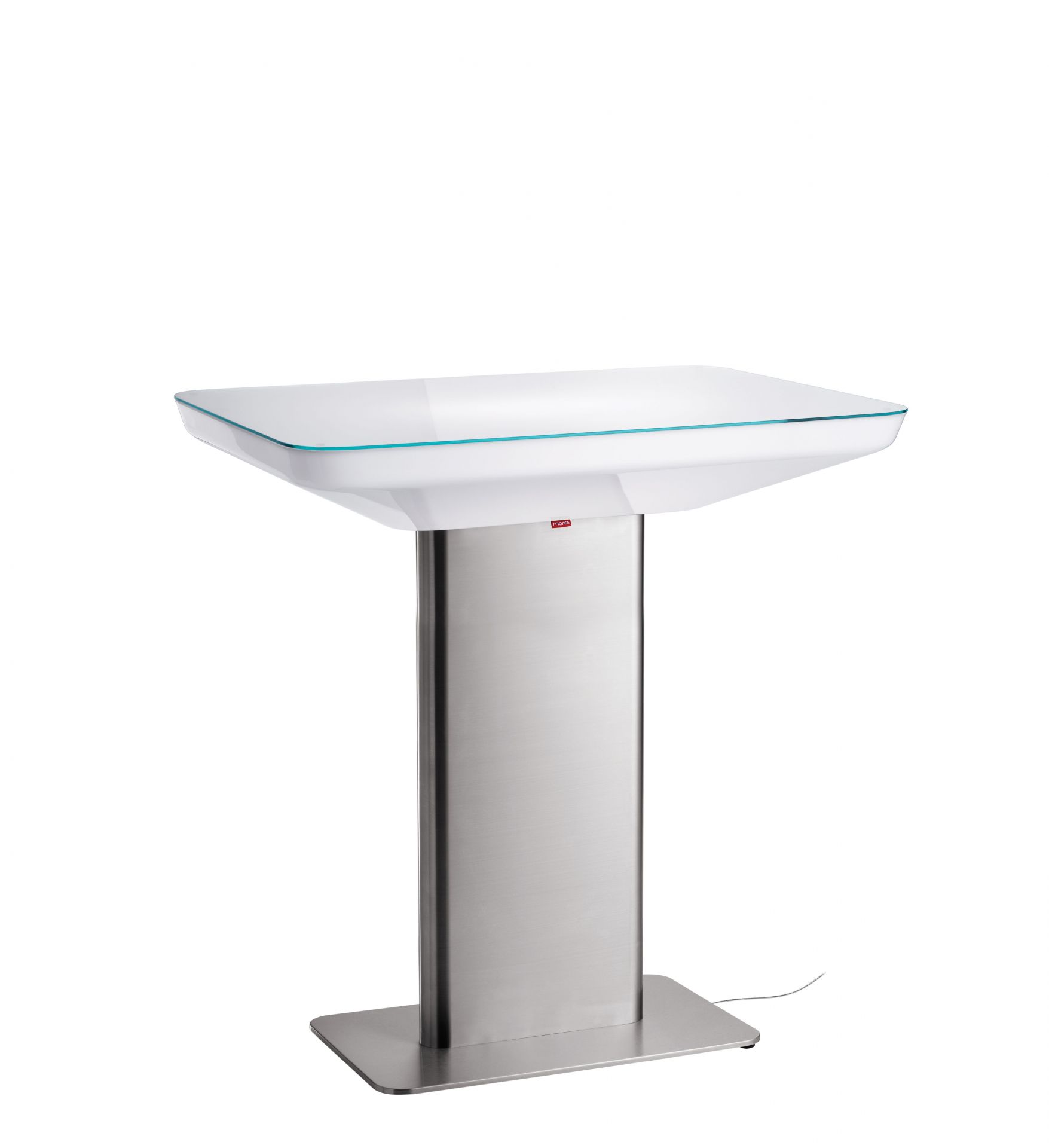 Studio 105 Stehtisch von Moree: Moderner, weißer Stehtisch mit Edelstahlfuß für den Innenbereich.