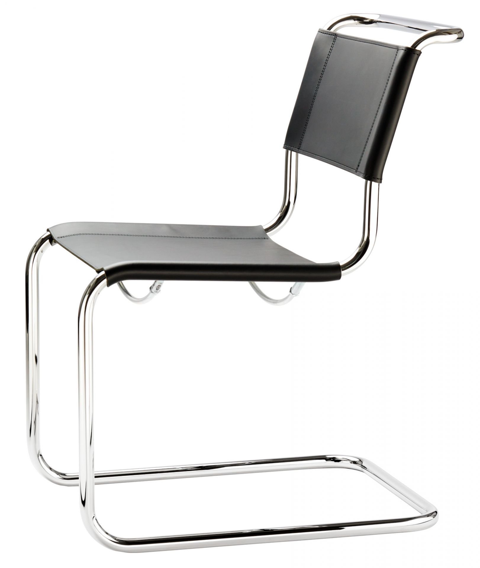 S 33 Freischwinger von Thonet mit schwarzem Leder und verchromtem Stahlrohr Gestell.