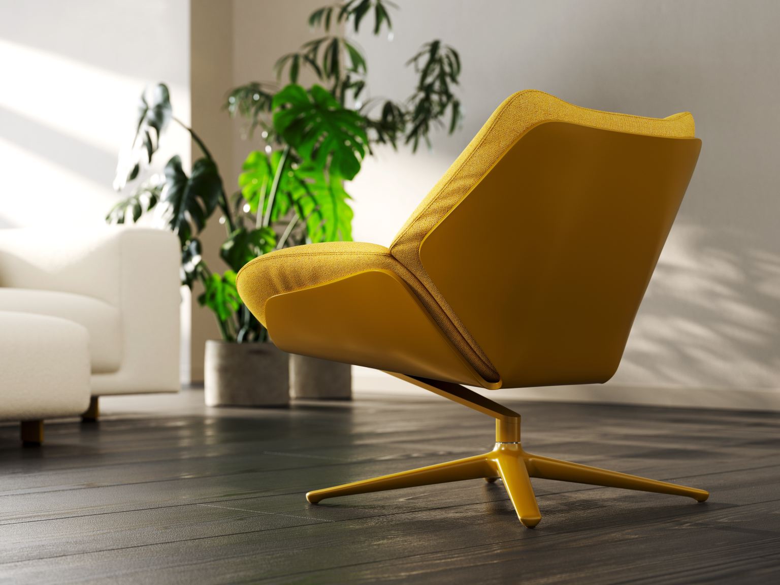 Nahaufnahme des Shrimp Sessels in Gelb, ein moderner Drehsessel für Wohnzimmer und Büro.