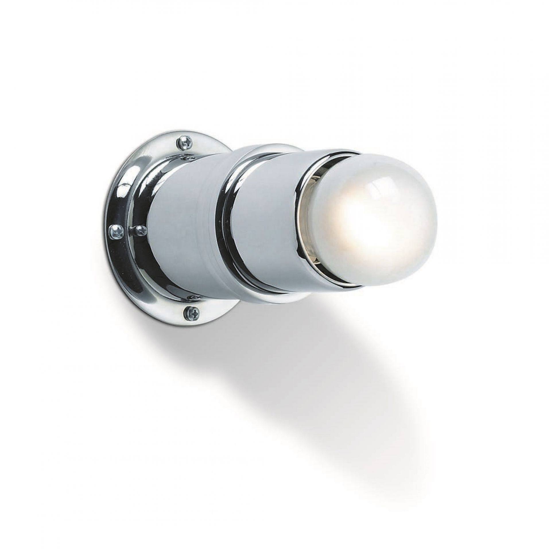 Pailla Wandleuchte von ClassiCon: Chromfarbene Deckenleuchte mit runder, weißer Glaskugel für modernes Lichtdesign.