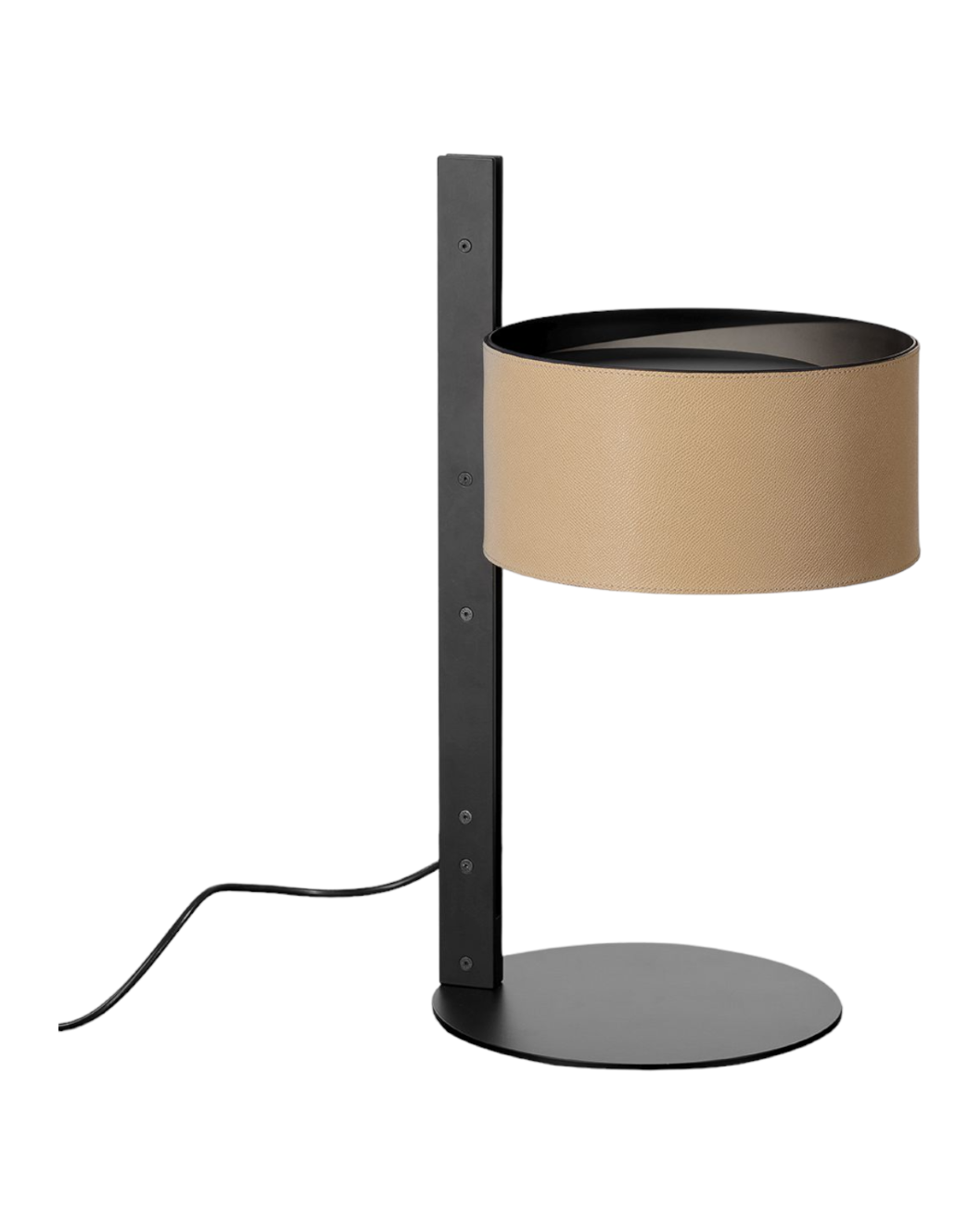 Oluce Parallel Tischleuchte: Moderne Lampe mit beigem Schirm und schwarzem Metallfuß.