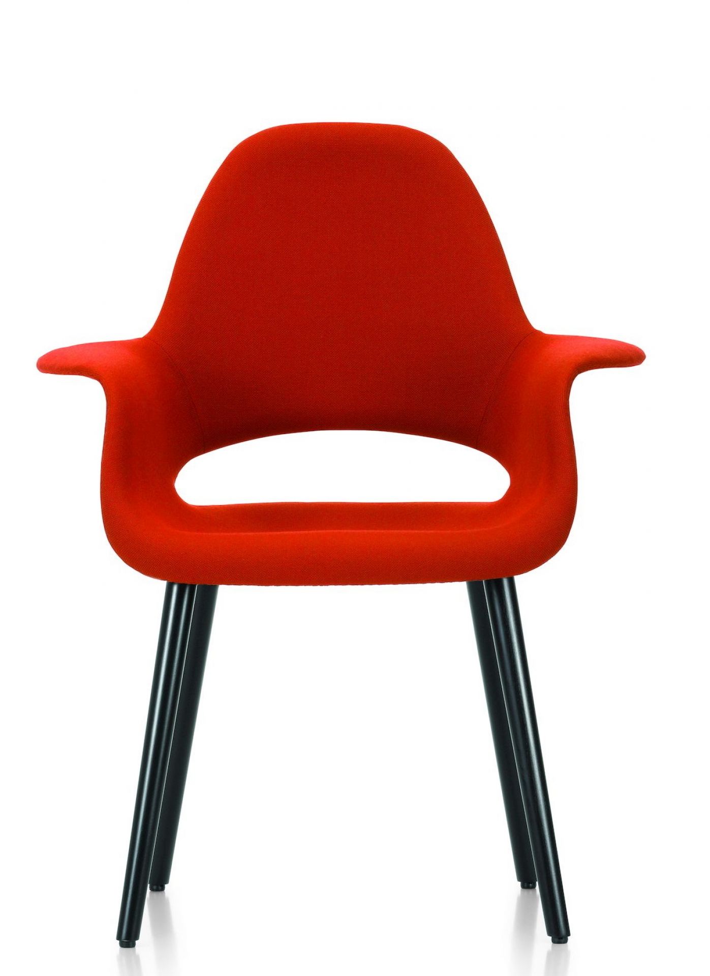 Roter Organic Conference Stuhl von Vitra mit Armlehnen und schwarzen Beinen, Frontansicht.