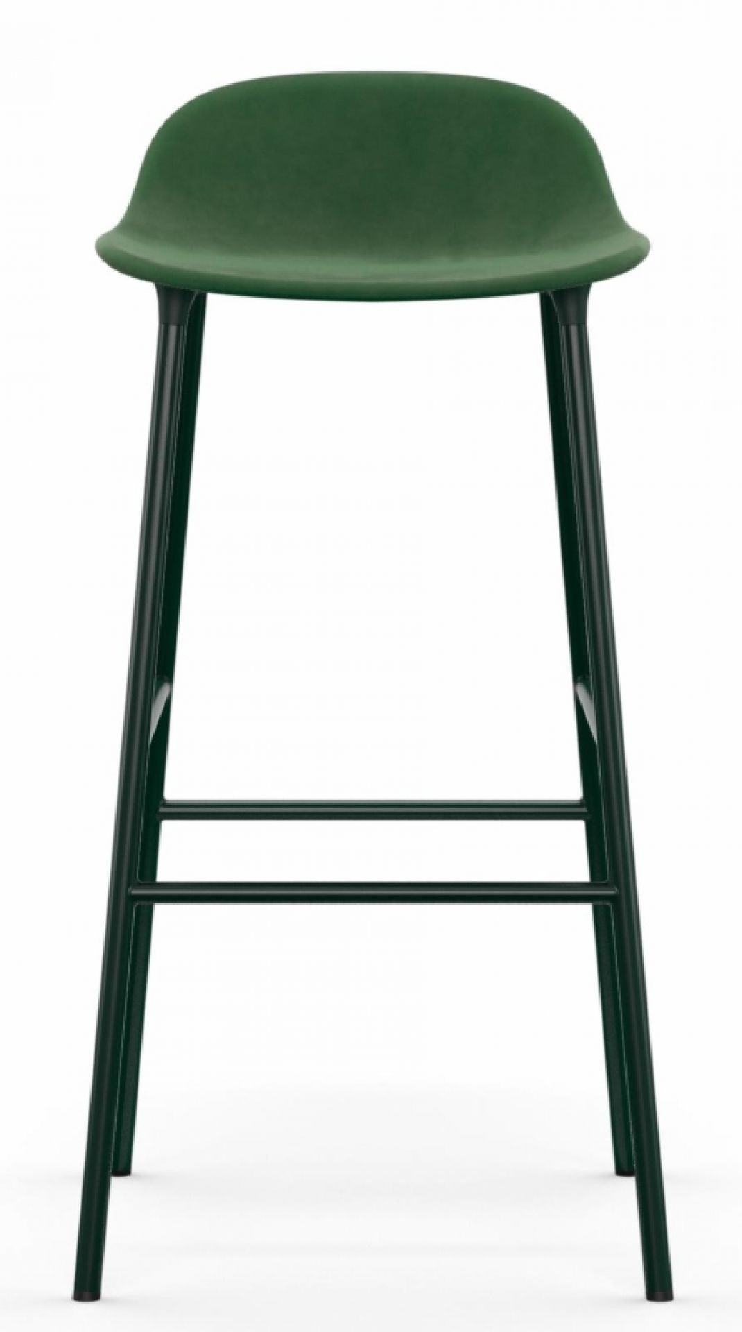 Grüner Form Barstool Barhocker von Normann Copenhagen mit Stahlgestell und gepolsterter Sitzfläche.