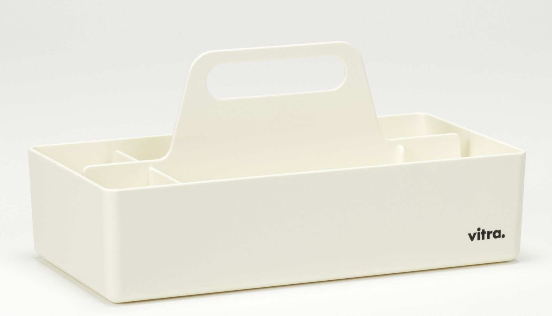 Vitra Toolbox RE, weiße Organisationsbox mit Fächern und Tragegriff für Bürobedarf und Werkzeug.