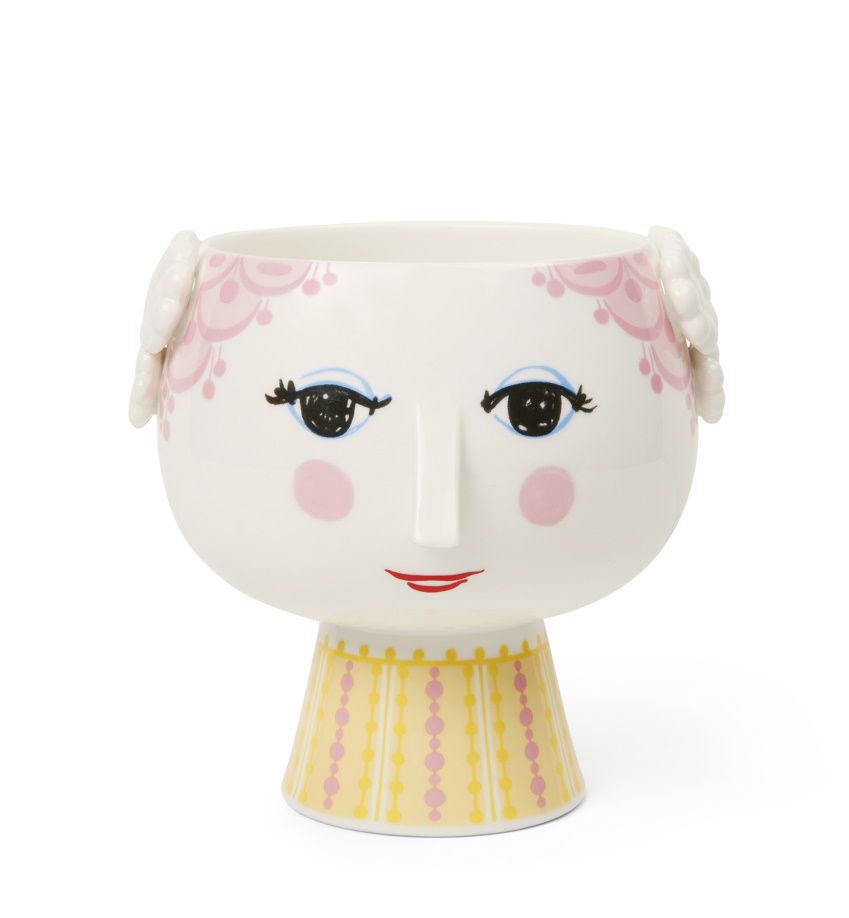 Pinker Eva Übertopf mit Fuß von Bjørn Wiinblad, Keramiktopf mit Gesicht, Ø15,5cm, für Zimmerpflanzen.