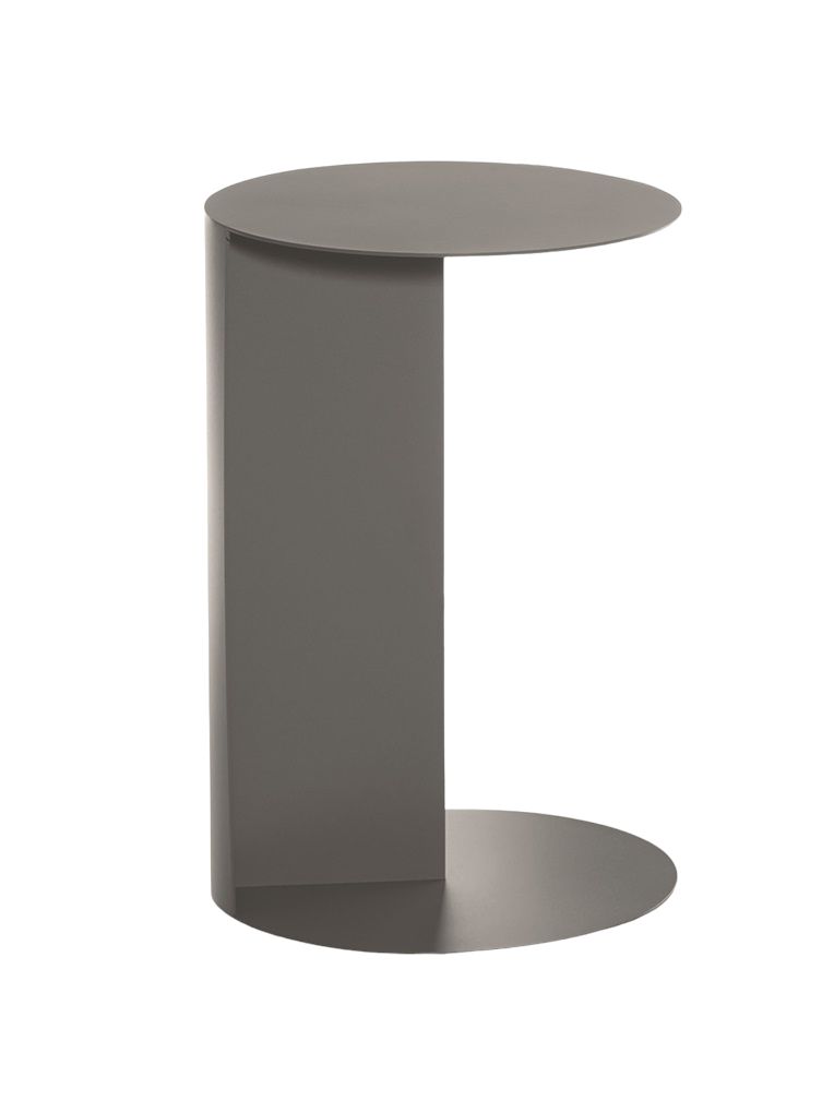 Grauer TO Beistelltisch von Plank, moderner kleiner Tisch mit runder Tischplatte und Fuß, minimalistisches Design.