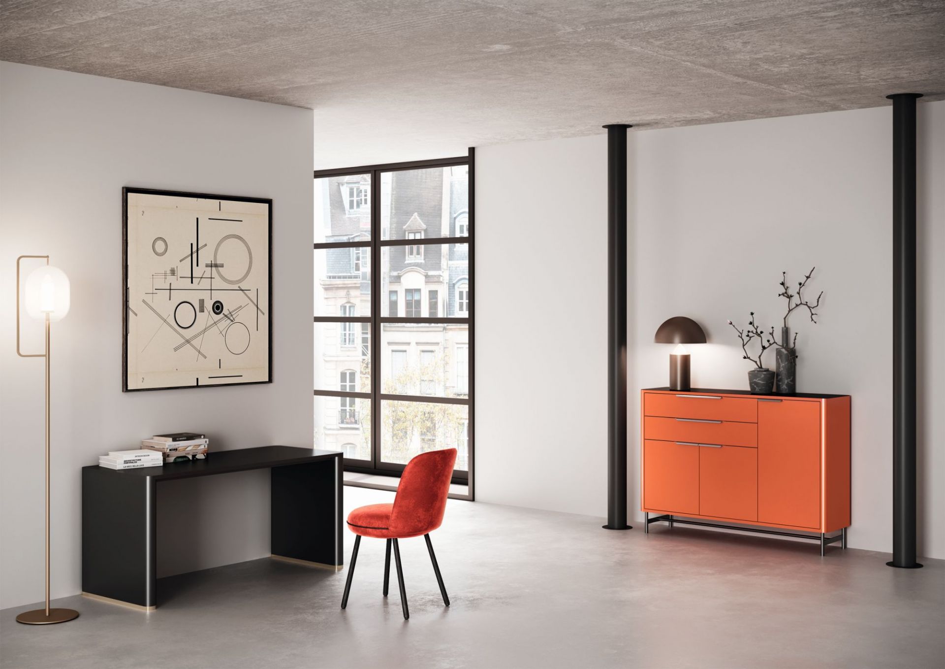 Moderner Raum mit Müller Möbelfabrikation Schreibtisch, Sideboard und rotem Stuhl. Büro Möbel Design.