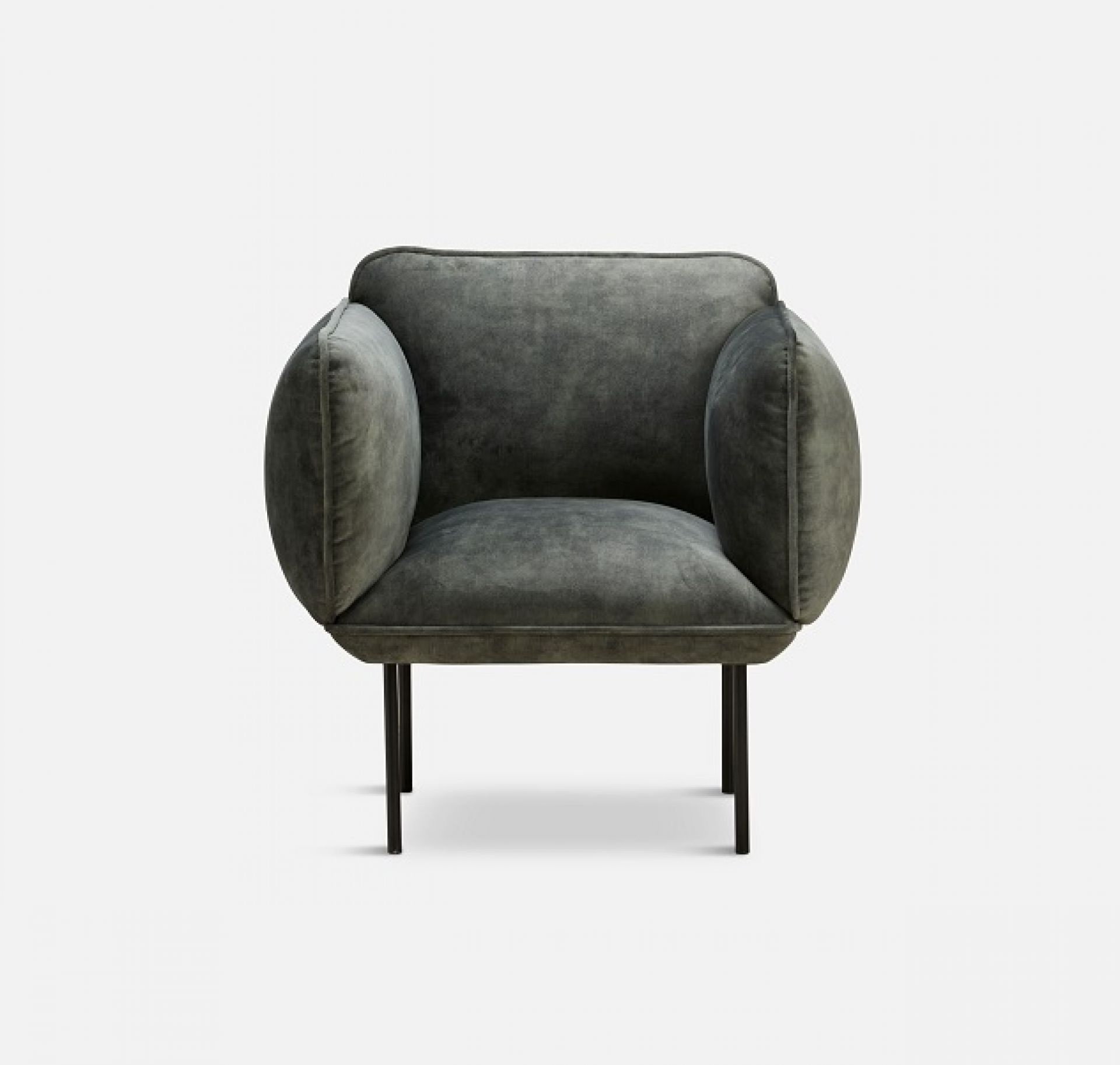 Nakki Sessel von Woud in Dunkelgrau: Moderner Polstersessel mit runden Armlehnen und schwarzen Metallbeinen.