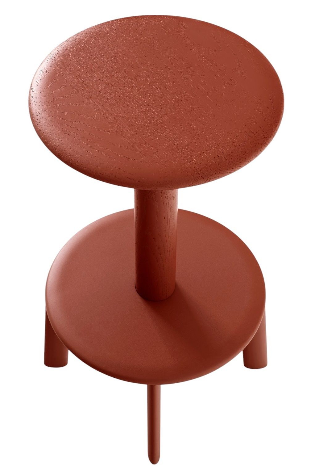 Massif Hocker von AndTradition in Terrakotta: Moderner Holzhocker mit runder Sitzfläche und drei Beinen.