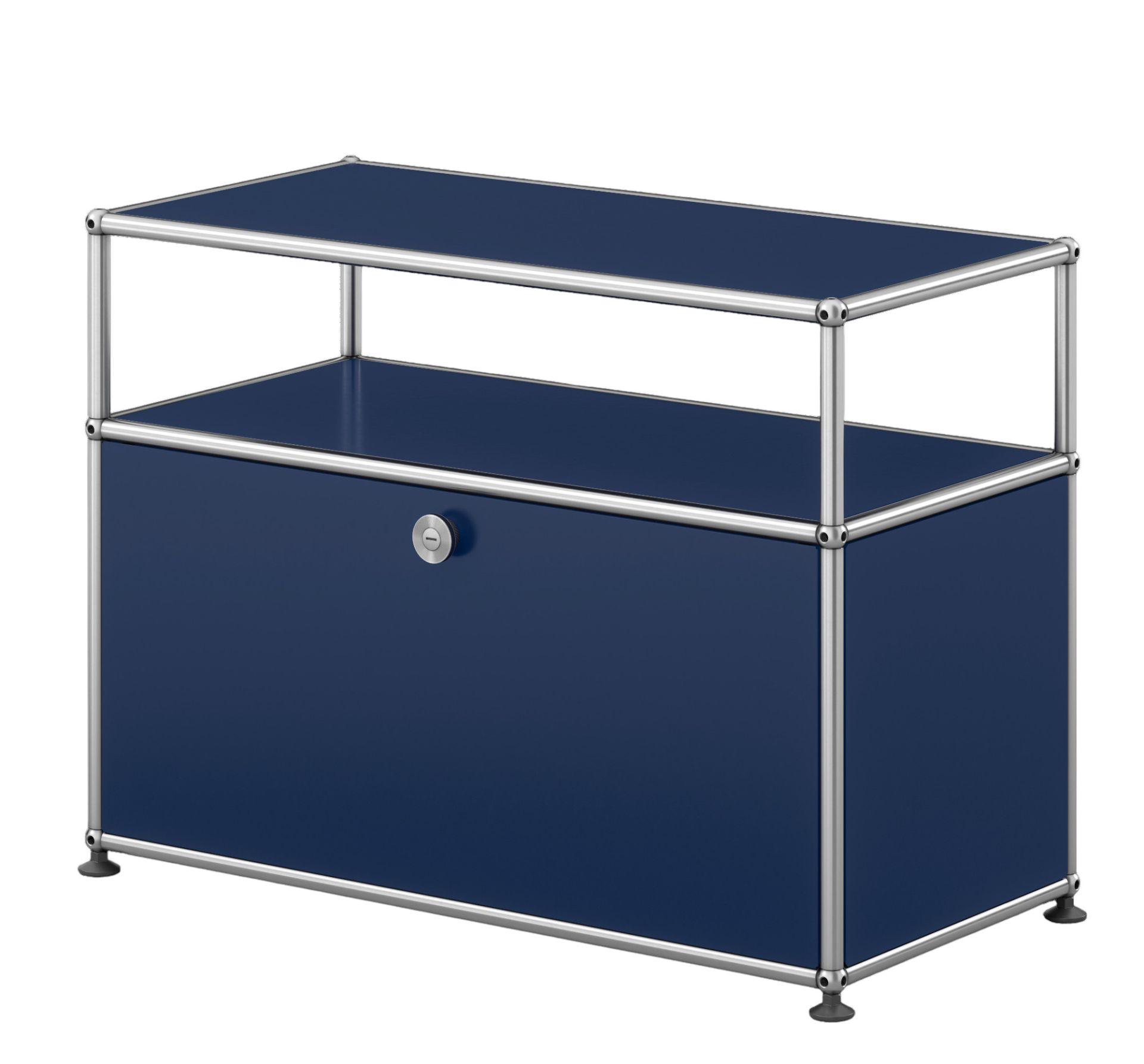 USM Haller Beistelltisch in Stahlblau mit einer Klappe und verchromtem Gestell für modernes Wohnen.