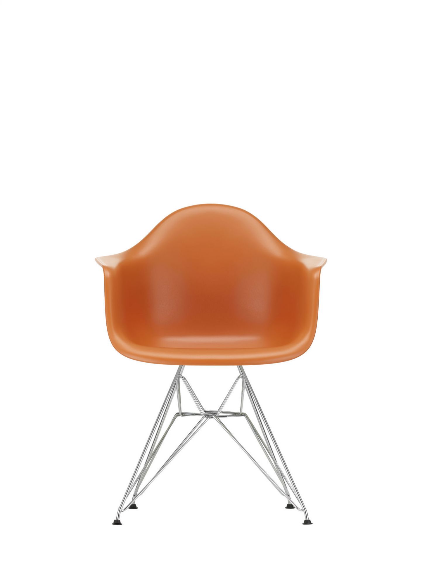 Eames Plastic Arm Chair, orangefarbener Design Stuhl mit verchromtem Metallgestell von Vitra.