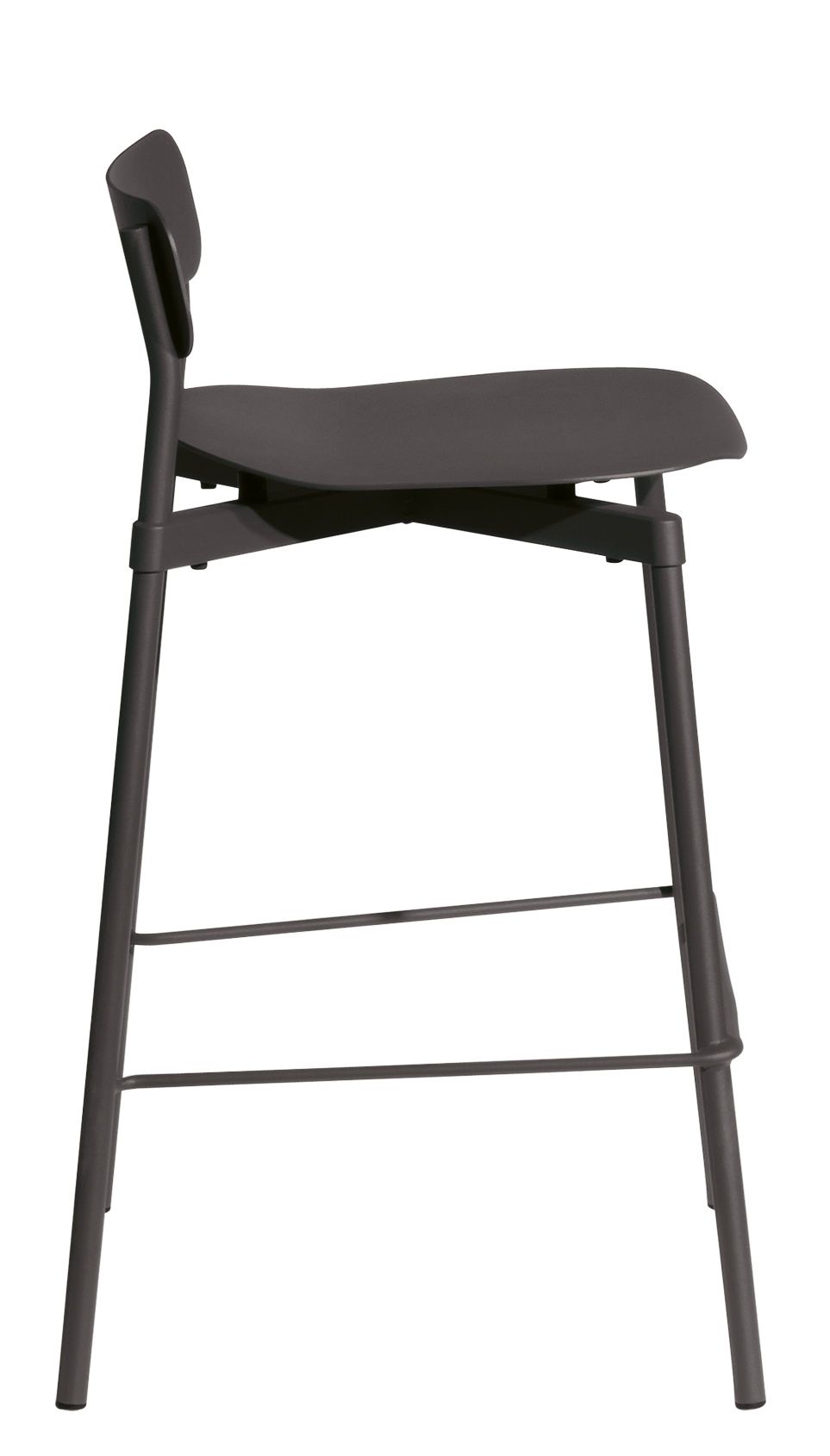 Fromme Barstool Hocker in Grau, Seitenansicht. Moderner Barhocker mit Rückenlehne und Fußstütze.