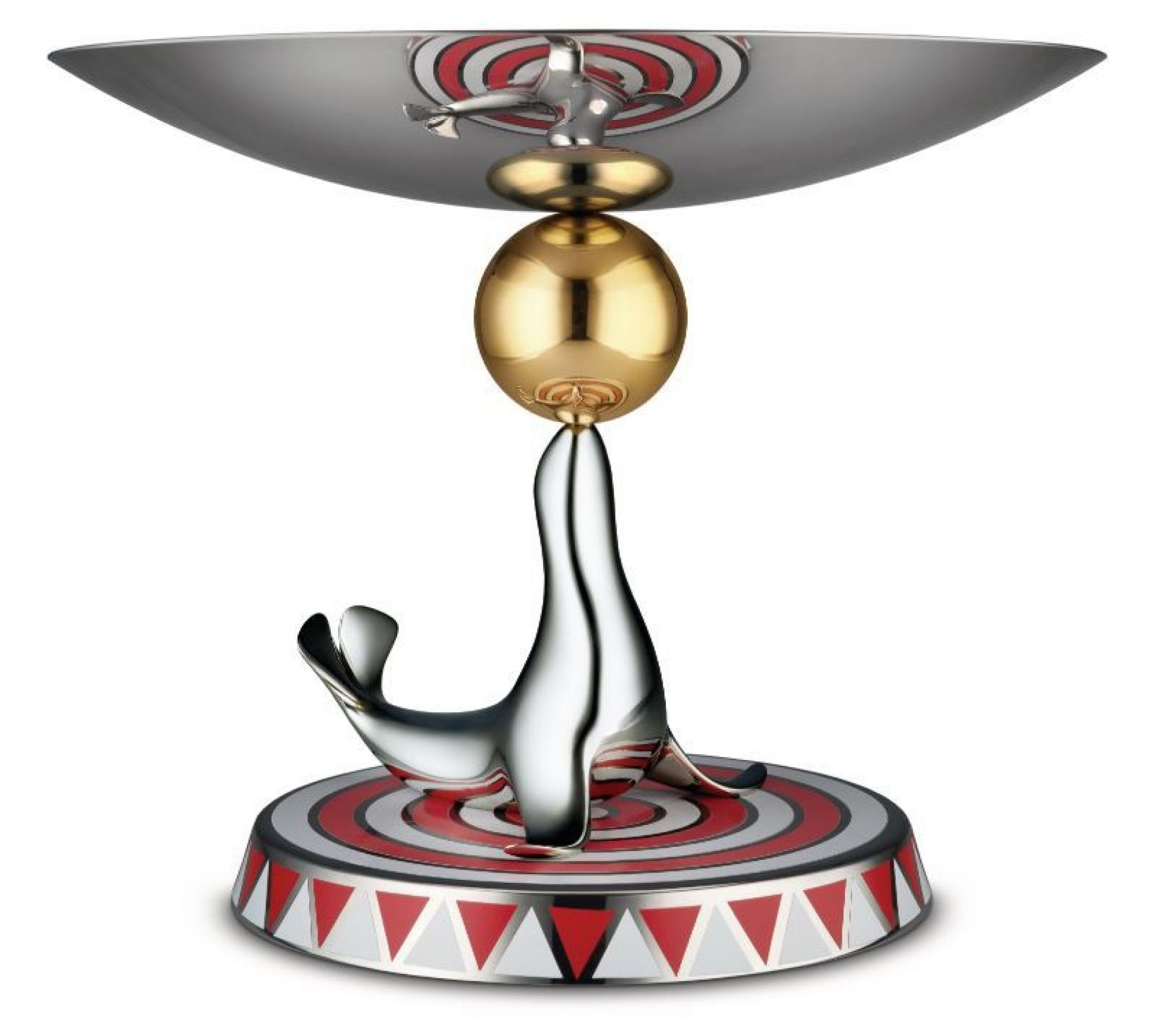 Alessi Etagere mit Seehund-Motiv, silberfarben und goldfarben, dekorative Servierplatte für Obst und Gebäck.