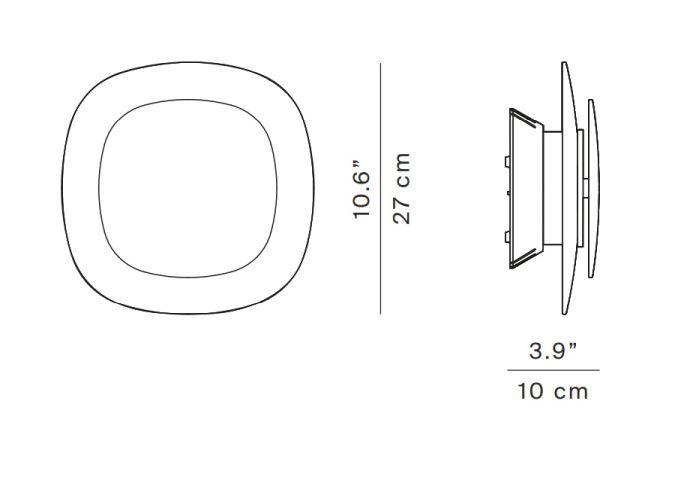 Skizze der Luceplan Luthien Wandleuchte mit Maßangaben in cm und Zoll.