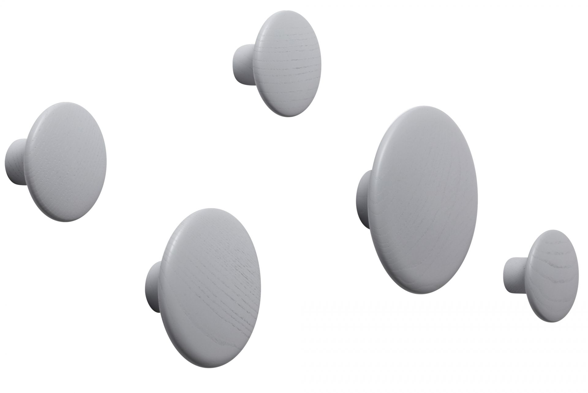 The Dots Garderobenhaken von Muuto, 5er Set in Grau, aus Holz, verschiedene Größen.