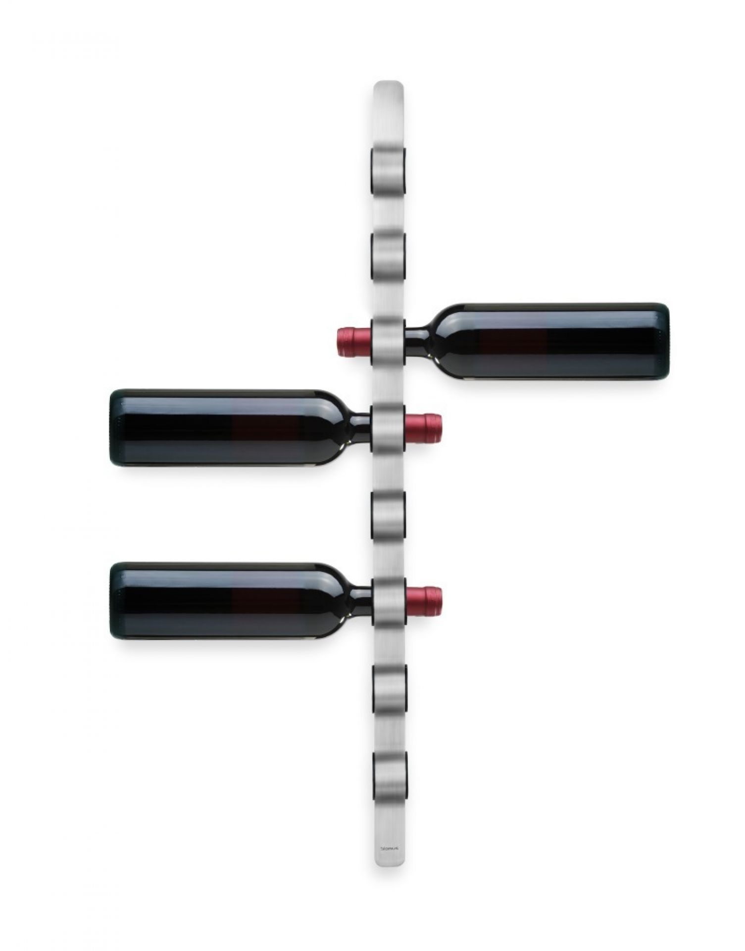Cioso Weinflaschen-Wandhalter aus Edelstahl mit drei liegenden Weinflaschen. Moderne Weinlagerung für die Wand.