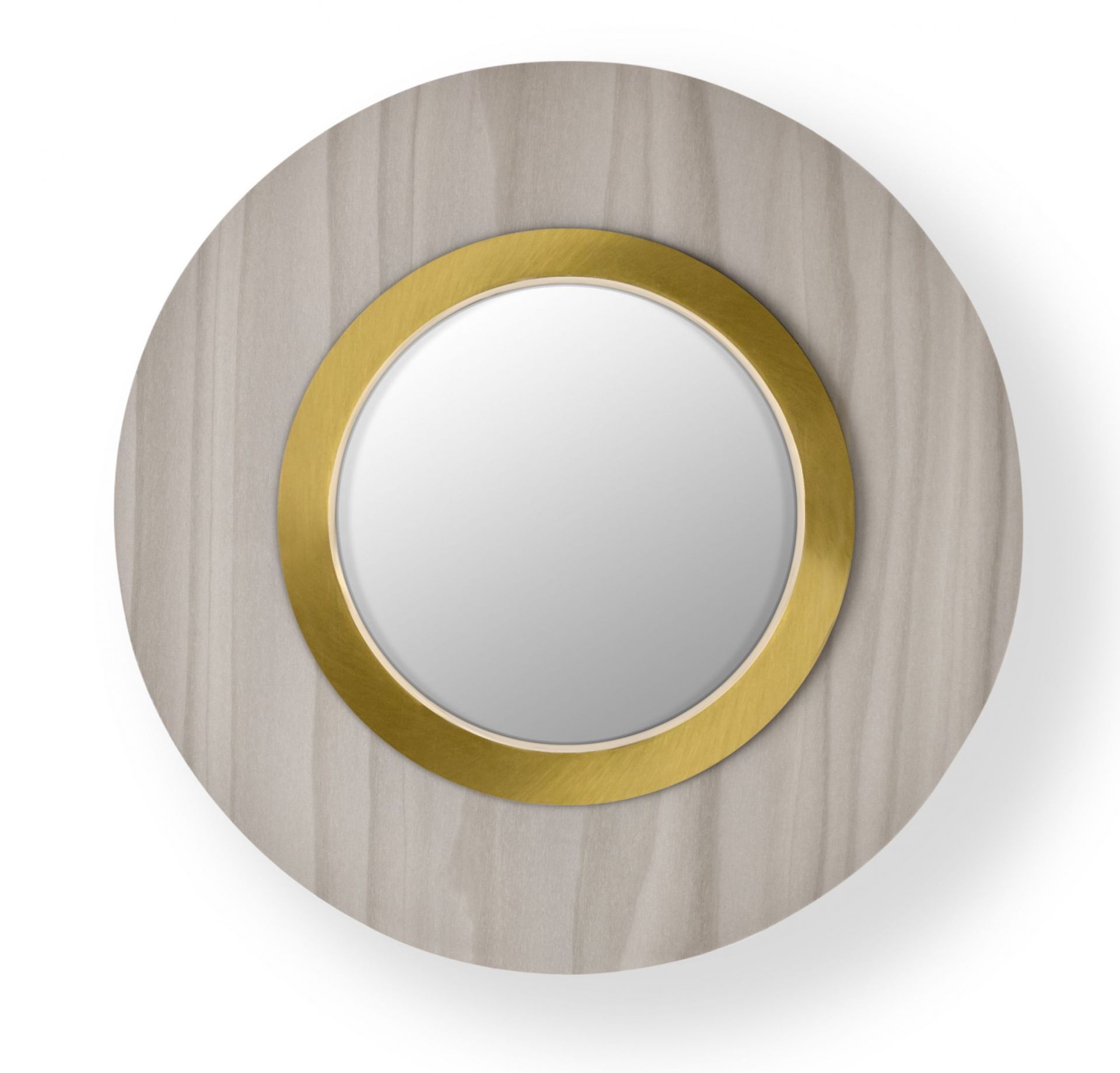 Lens LED Wandleuchte von LZF Lamps: Runde, graue Wandlampe mit goldenem Metallring.