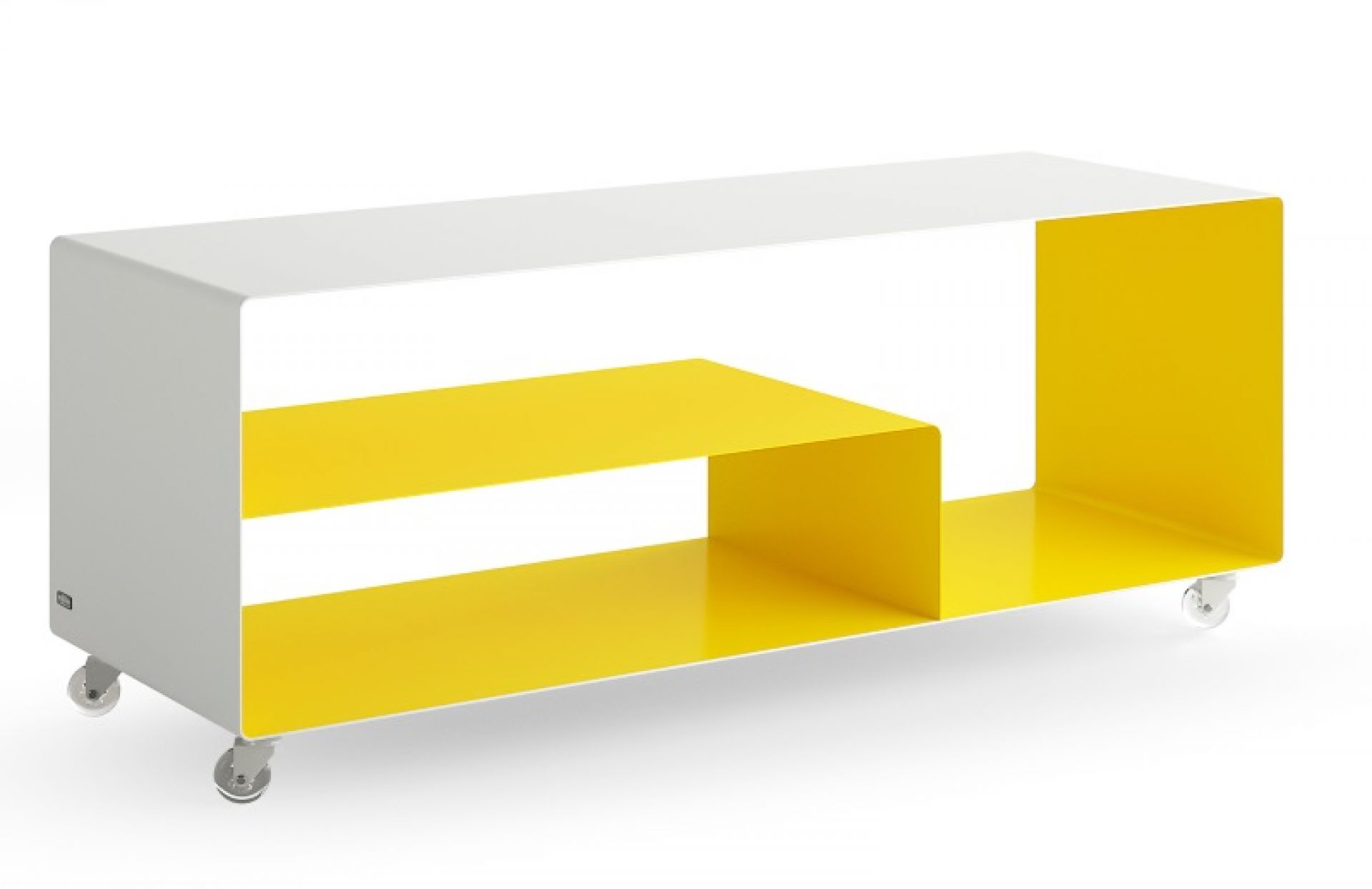 R 111N Sideboard von Müller Möbelfabrikation: Weißes und gelbes, modernes Sideboard auf Rollen. Möbel für Wohnzimmer und Büro.