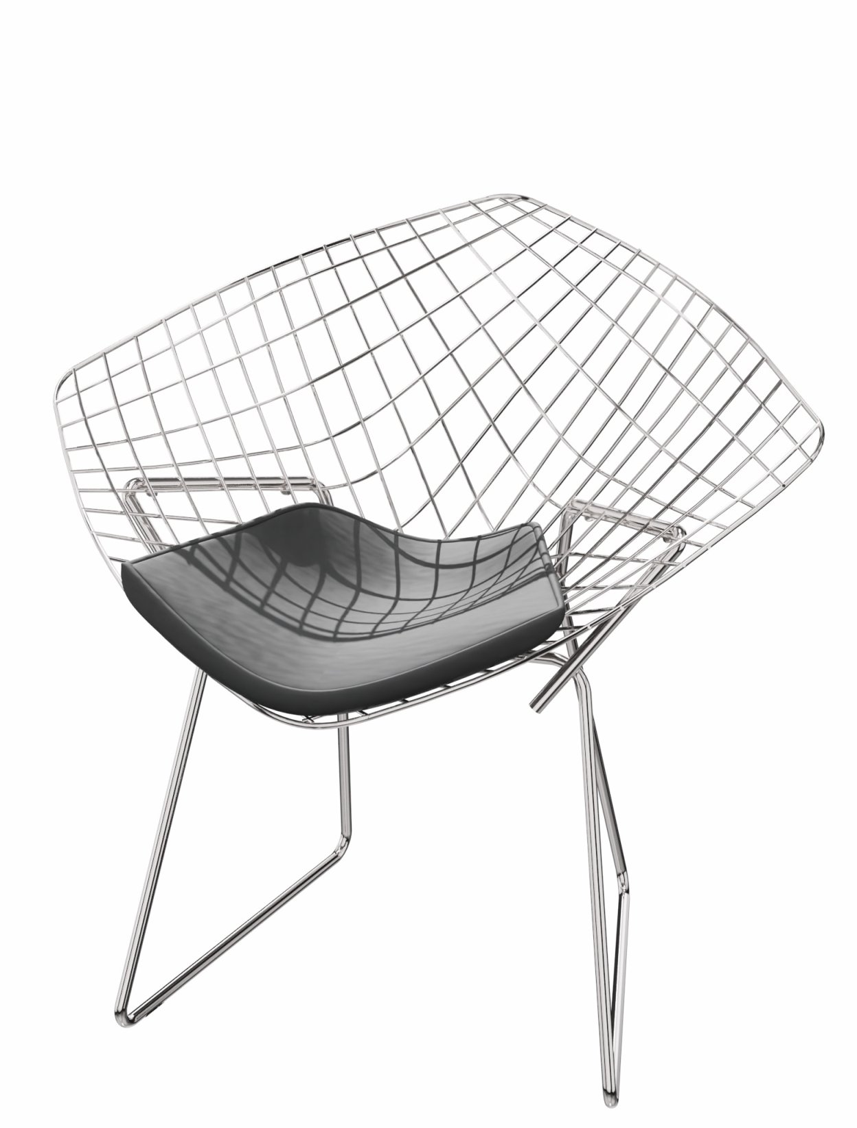 Diamond Sessel von Knoll International: Drahtstuhl mit grauem Sitzkissen und verchromtem Gestell.