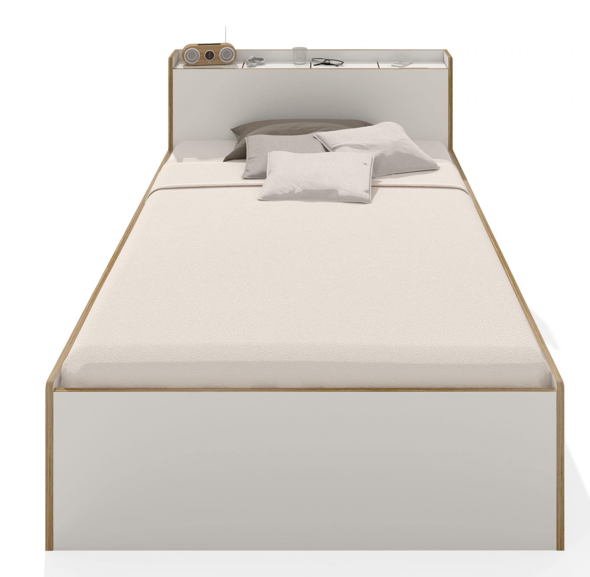 Nook Bett von Müller Möbelwerkstätten, Einzelbett 120x200 cm in Weiß mit Ablage.