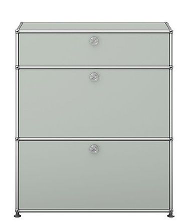 USM Haller Highboard in Lichtgrau mit zwei Klappen, modernes Designmöbel für Wohnzimmer und Büro.