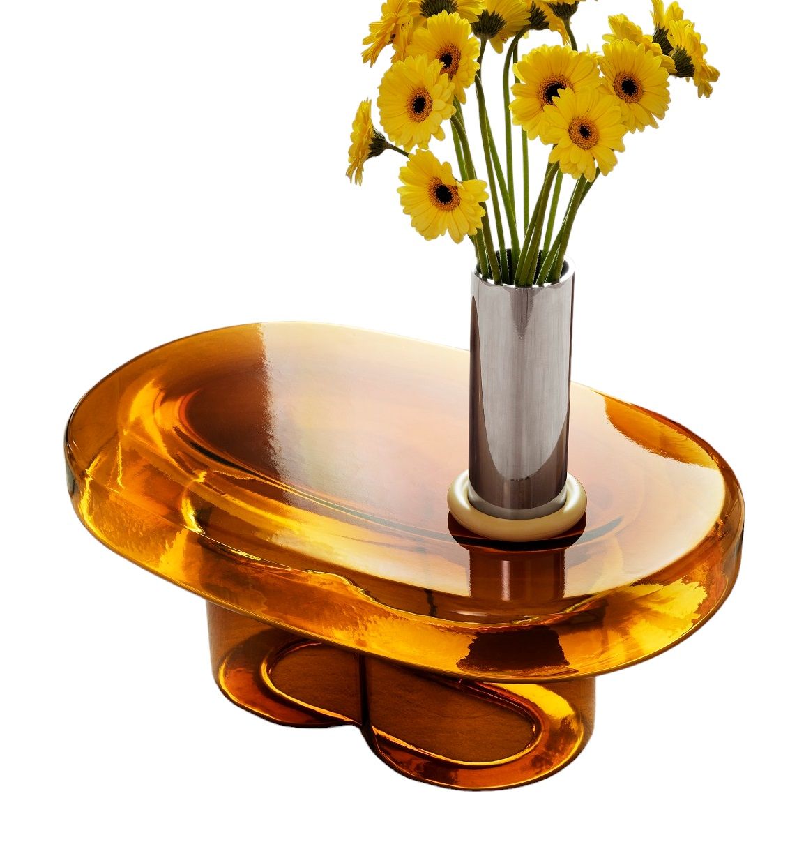 Soda Couchtisch von Miniforms, oval, aus bernsteinfarbenem Glas mit Blumen in Vase.