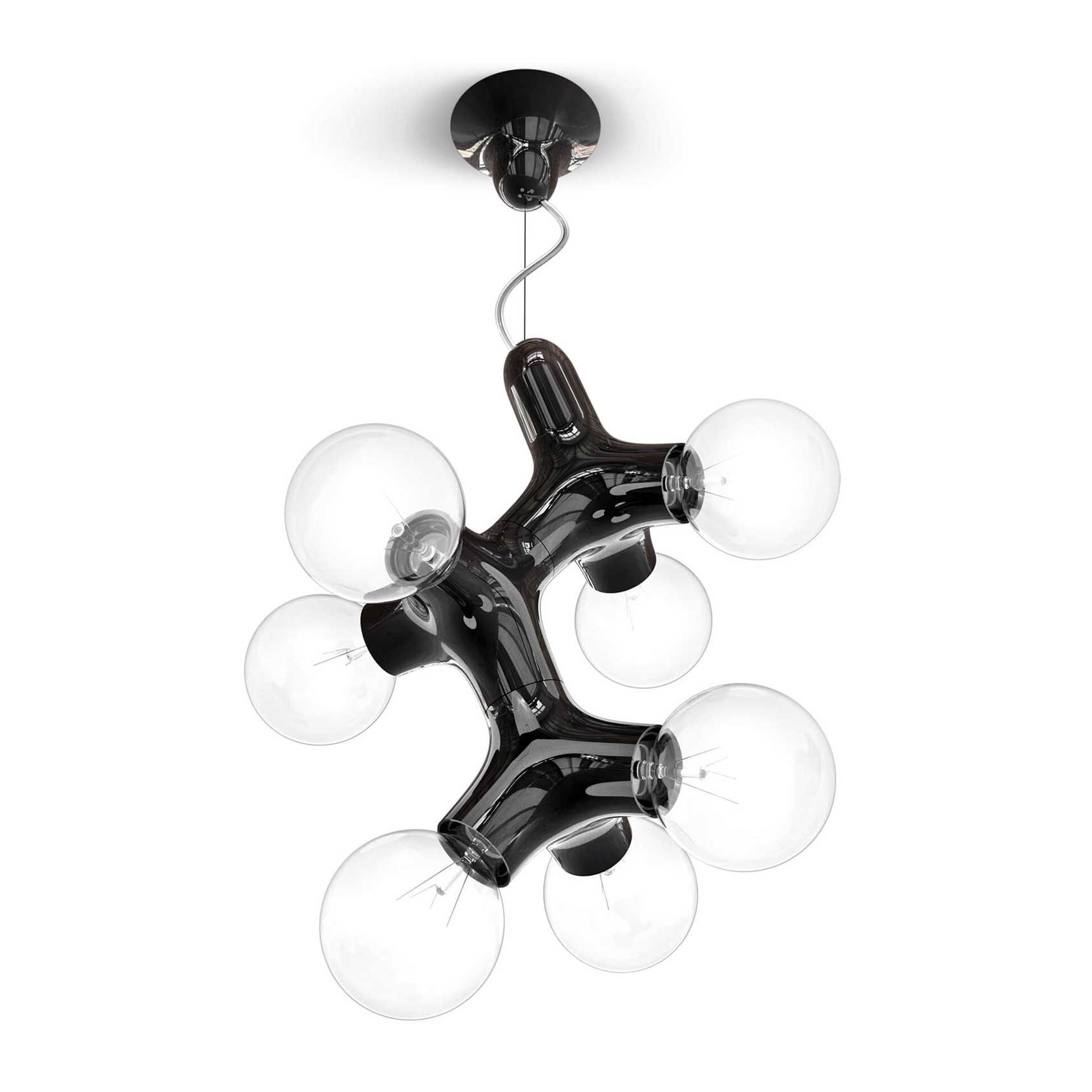 Schwarze DNA Pendelleuchte mit sieben Glühbirnen. Moderne Deckenleuchte für Wohnzimmer und Esszimmer.