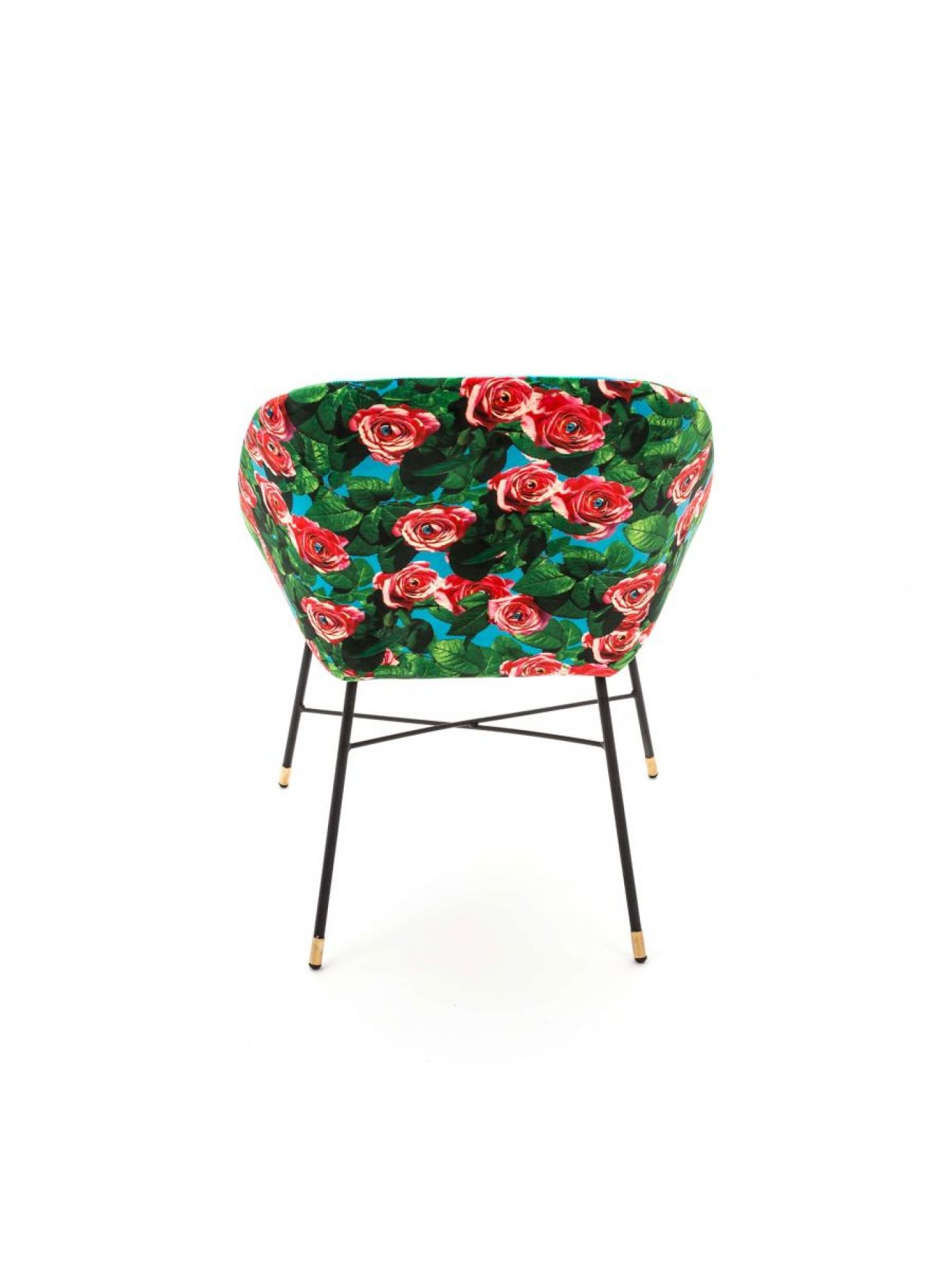 Toiletpaper Polsterstuhl Roses blue Seletti von hinten, mit floralem Rosenmuster und schwarzen Metallbeinen.