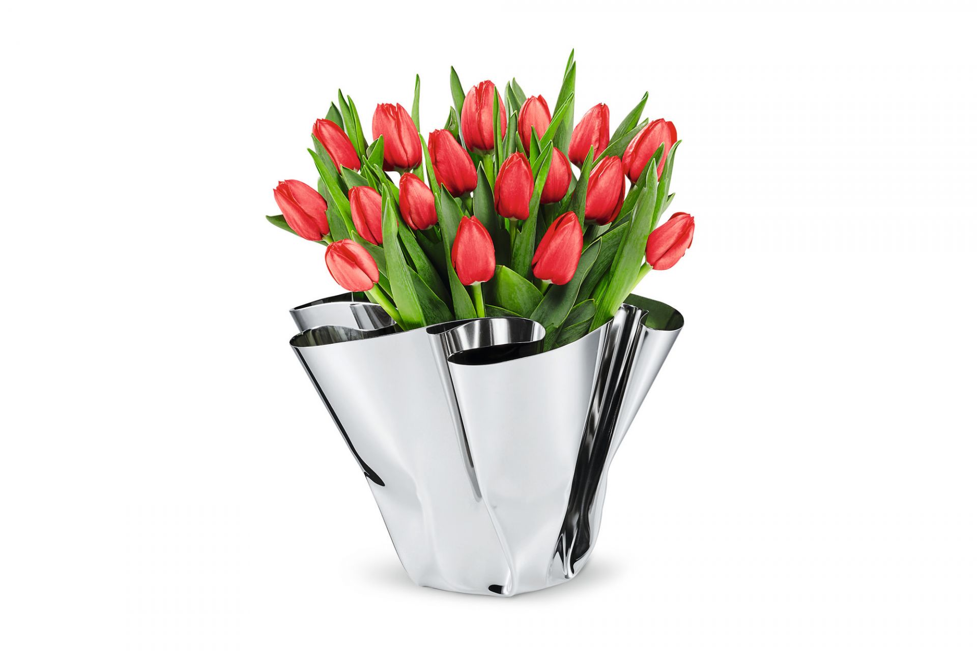 Margeaux Vase von Philippi, silberne Design-Vase mit roten Tulpen, moderne Blumenvase für Wohnaccessoires.