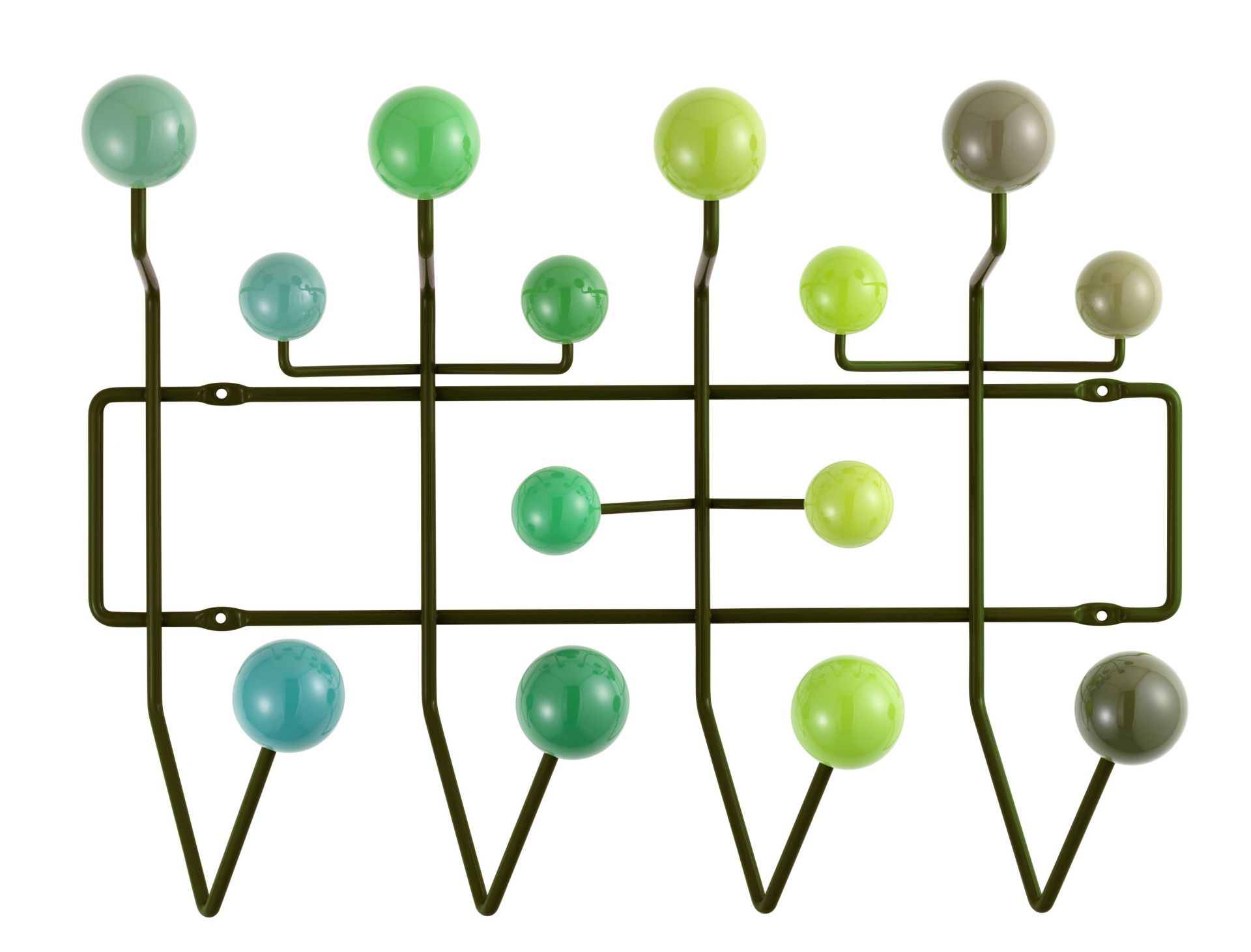Grüne Eames Hang it all Garderobe von Vitra mit bunten Kugeln und Stahlgestell. Designklassiker für Flur und Kinderzimmer.