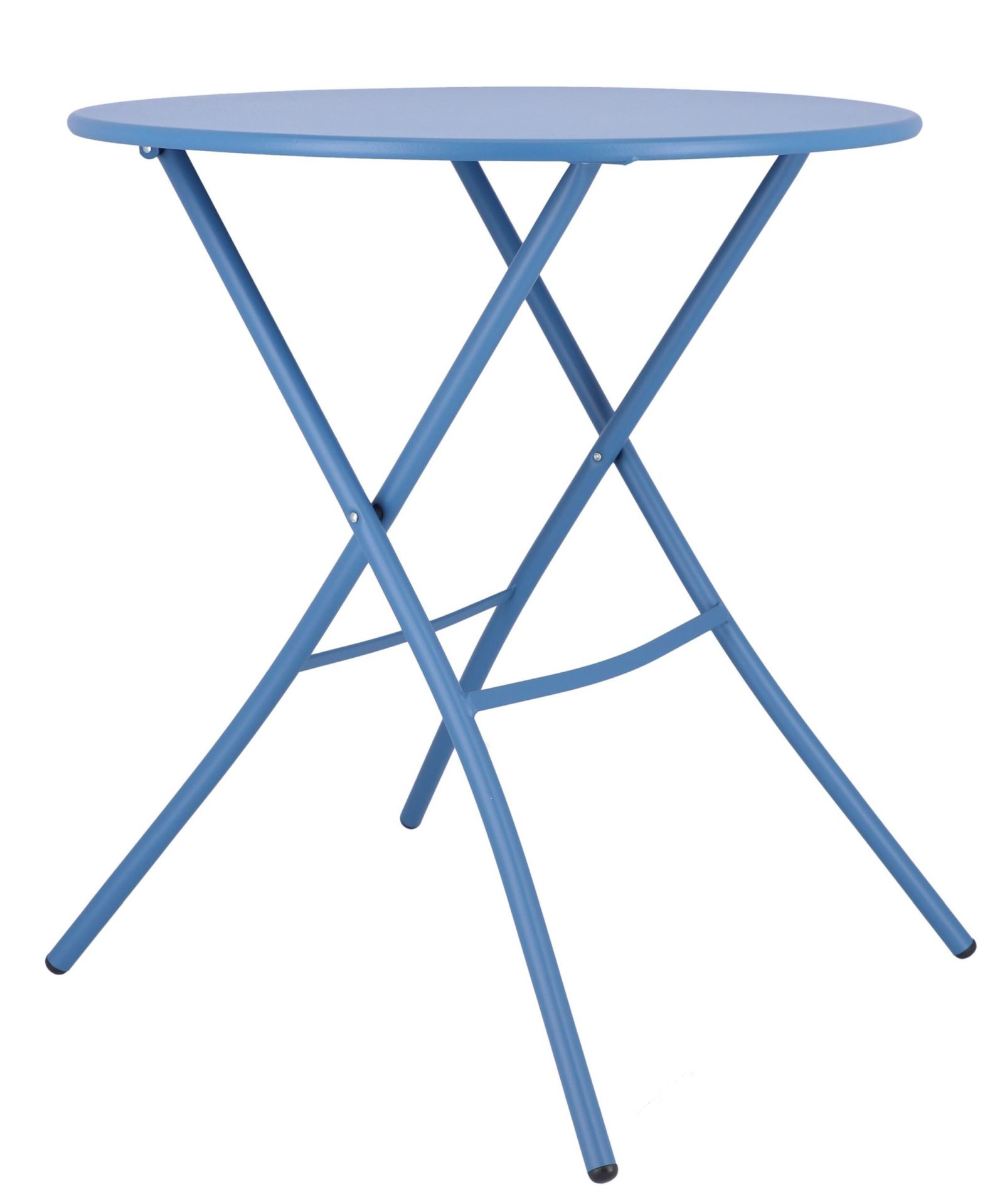 Blauer Fiam Sirio Klapptisch von Jan Kurtz, runder Gartentisch für Balkon und Terrasse.