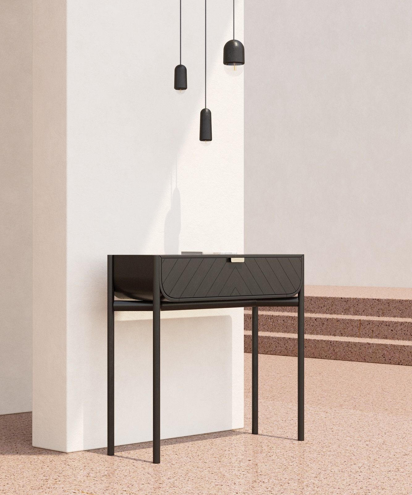 Drei schwarze Luce Hängeleuchten über einem schwarzen Konsolentisch mit Schublade, moderne Innenarchitektur.