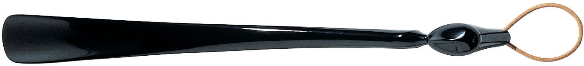 Schwarzer Germano Schuhlöffel von Alessi mit Lederschlaufe für einfaches Anziehen der Schuhe.