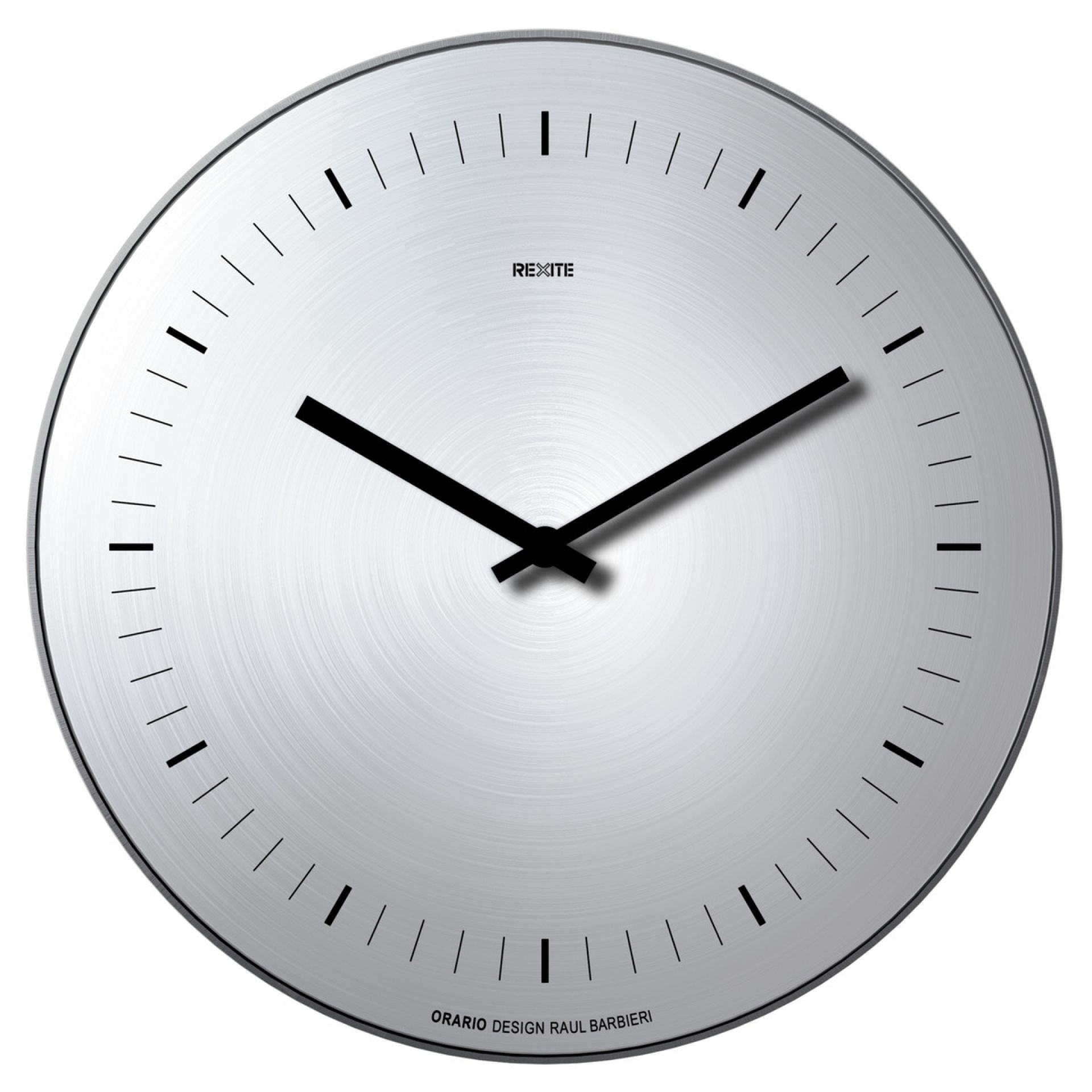 Silberne Orario Wanduhr von Rexite aus Aluminium, minimalistisches Design ohne Zahlen, moderne Wohnaccessoires.