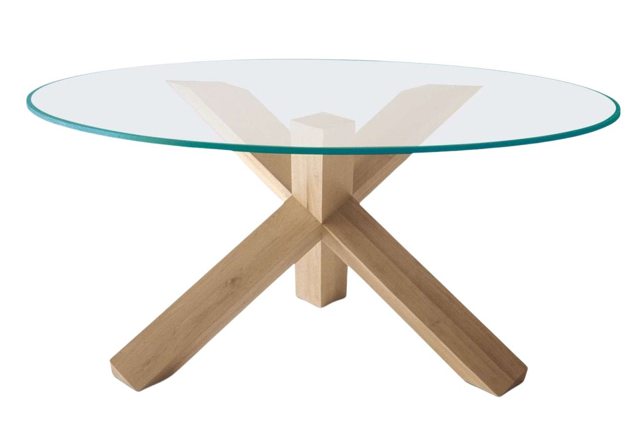 Cassina La Rotonda Esstisch mit runder Glasplatte und hellem Holzfuß in X-Form.