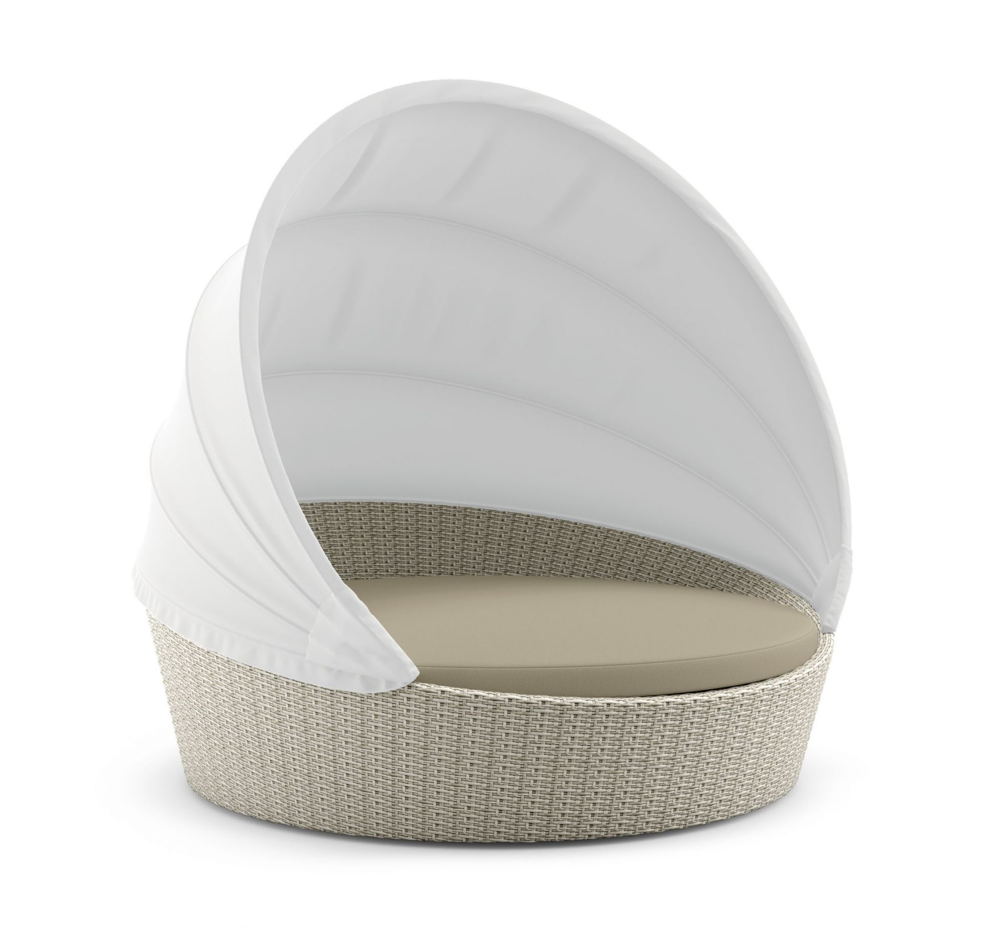 Orbit XXL Sofainsel von Dedon: Runde Outdoor-Lounge mit weißem Verdeck und bequemen Polstern.