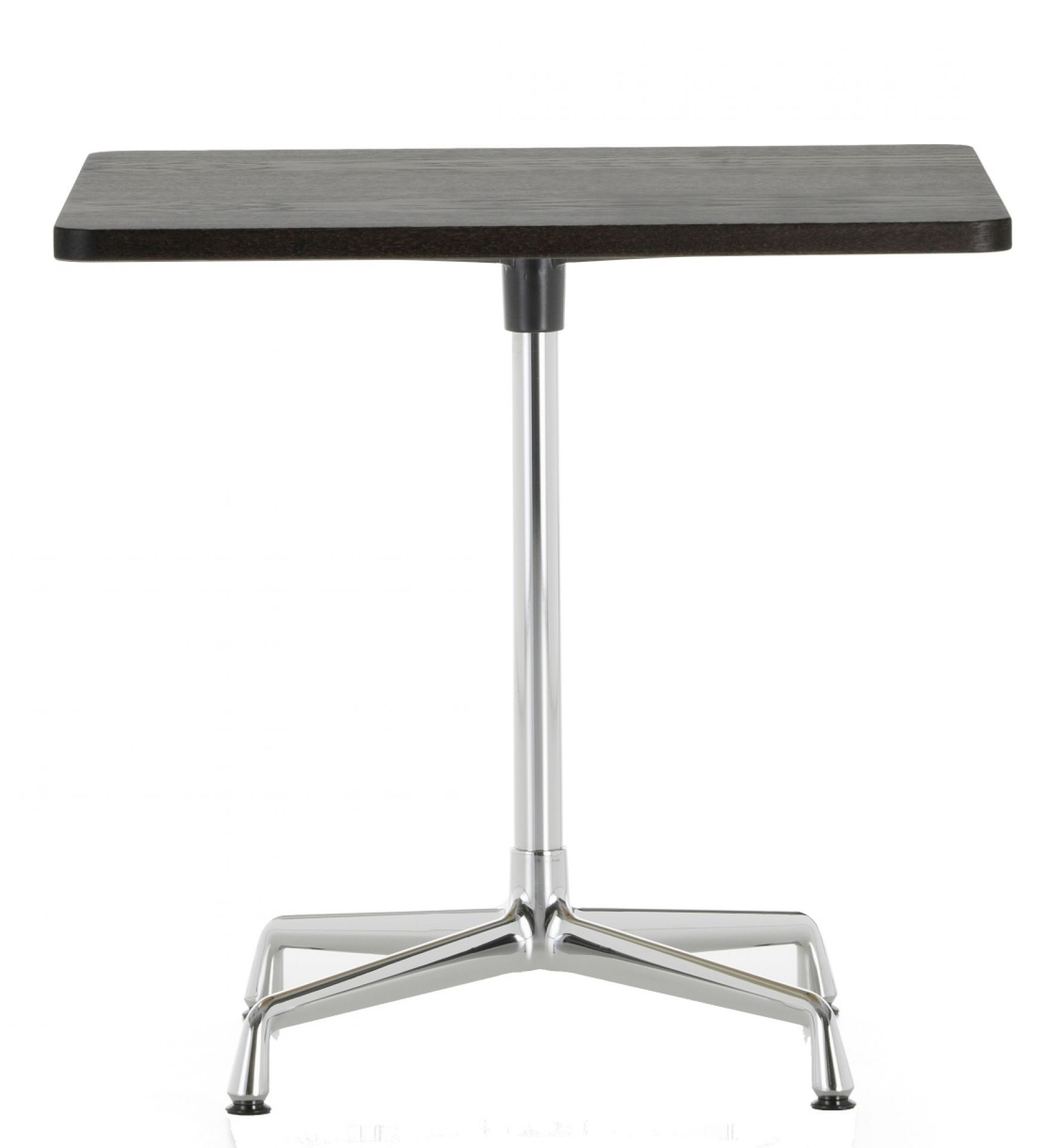 Quadratischer Eames Contract Table von Vitra mit dunkler Tischplatte und Chromfuß.