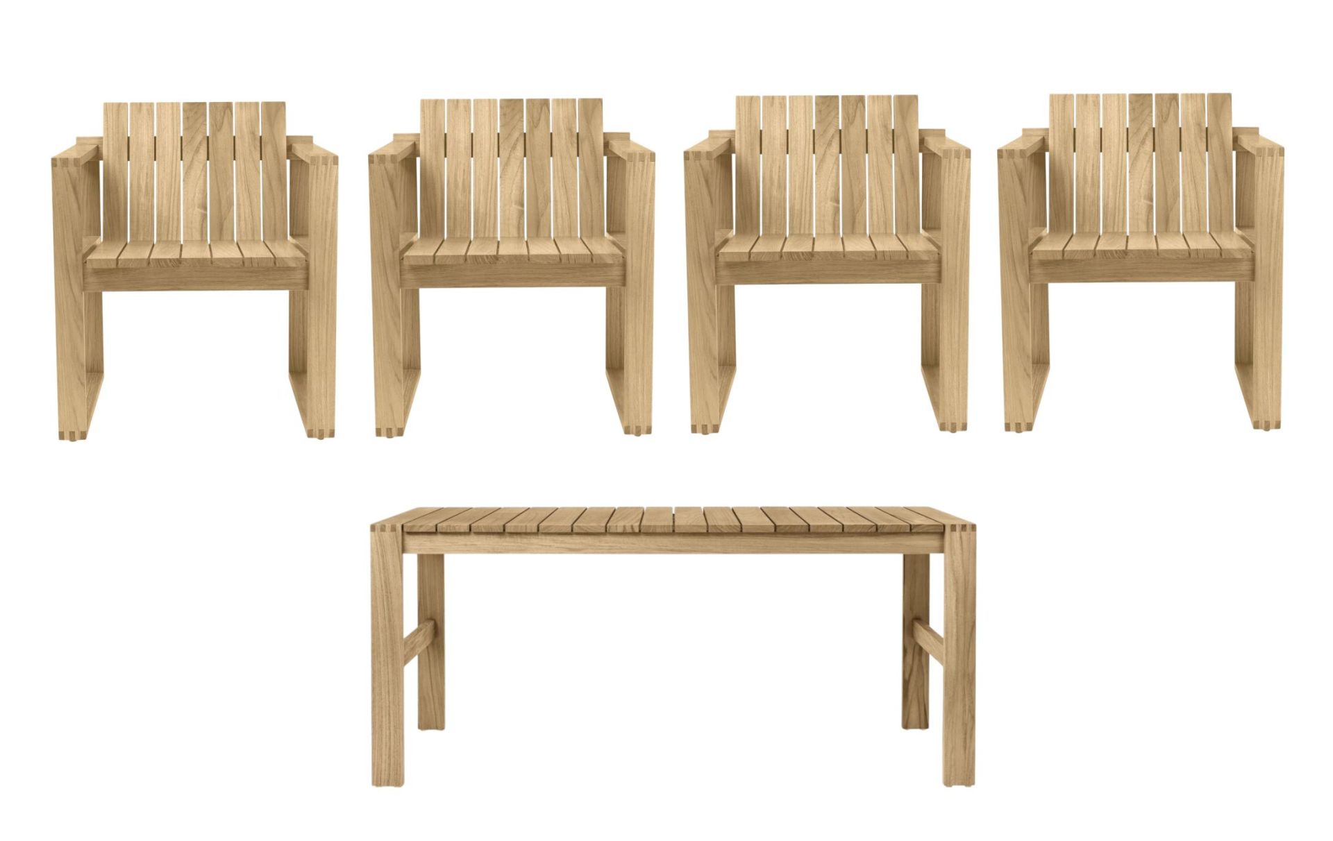 Bodil Kjaer Outdoor Dining Set mit vier Holzstühlen und einem passenden Holztisch.