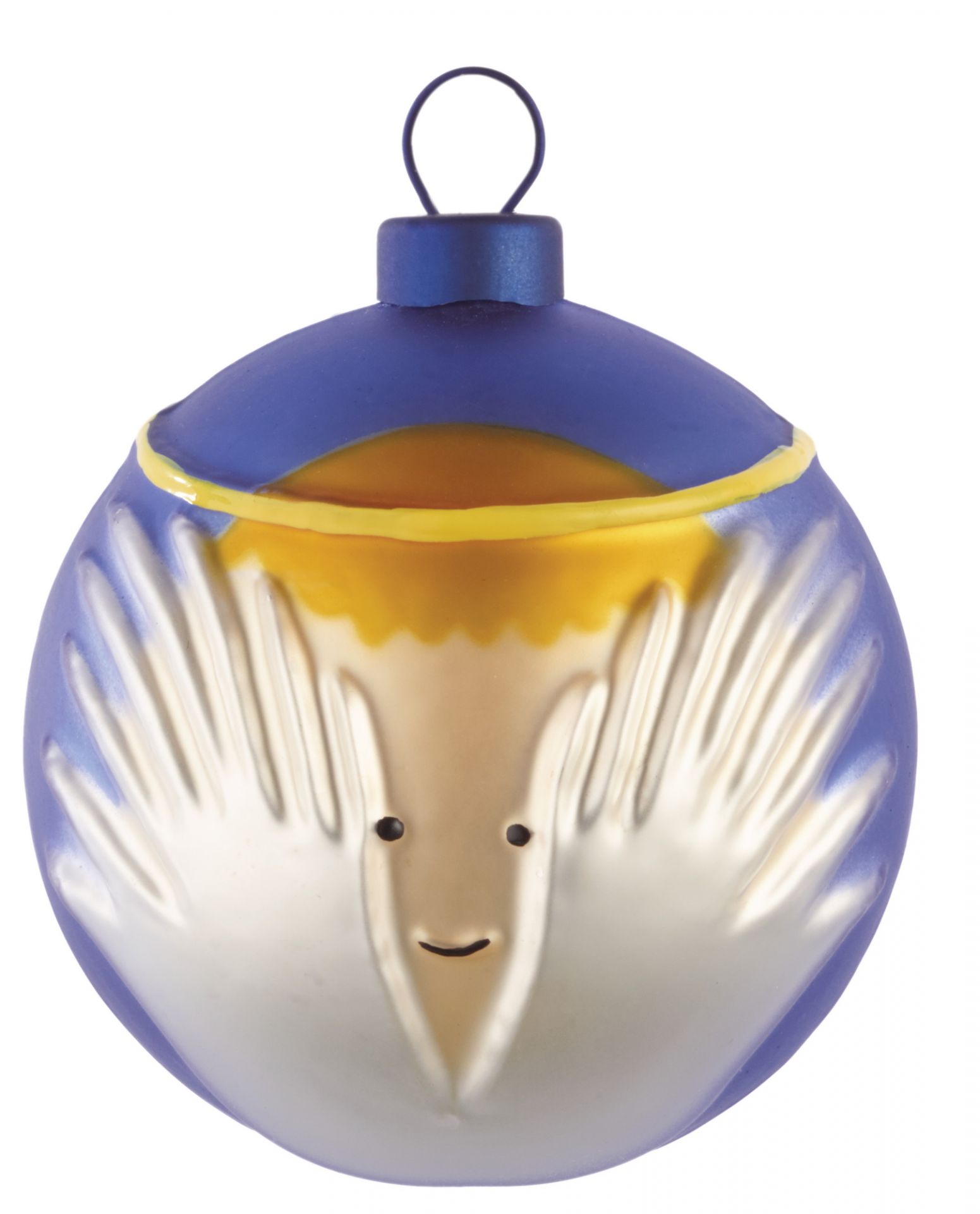 Alessi Weihnachtskugel Engel, blau-goldene Christbaumkugel mit Engelsgesicht für festliche Dekoration.