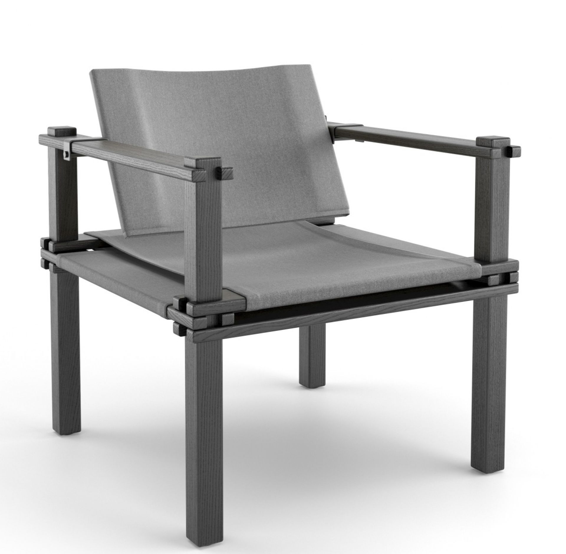 Grauer Farmer Sessel für den Außenbereich: Moderner Gartensessel aus Holz und Stoff. Bequeme Sitzgelegenheit für Terrasse und Garten.