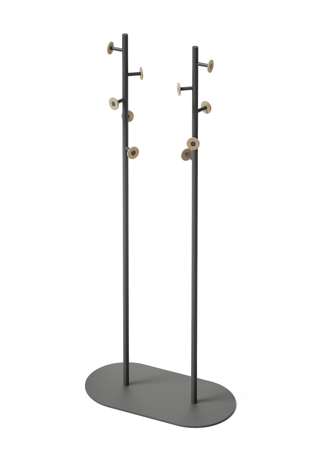 Zwei graue Bloom Coat Rack Garderobenständer von Mizetto mit hellen Holzhaken auf grauem Sockel.