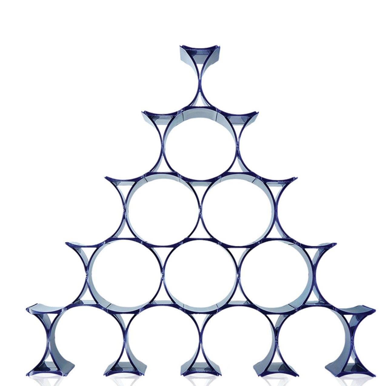 Blaues Kartell Infinity Flaschenregal in Pyramidenform für neun Flaschen, modernes Design.