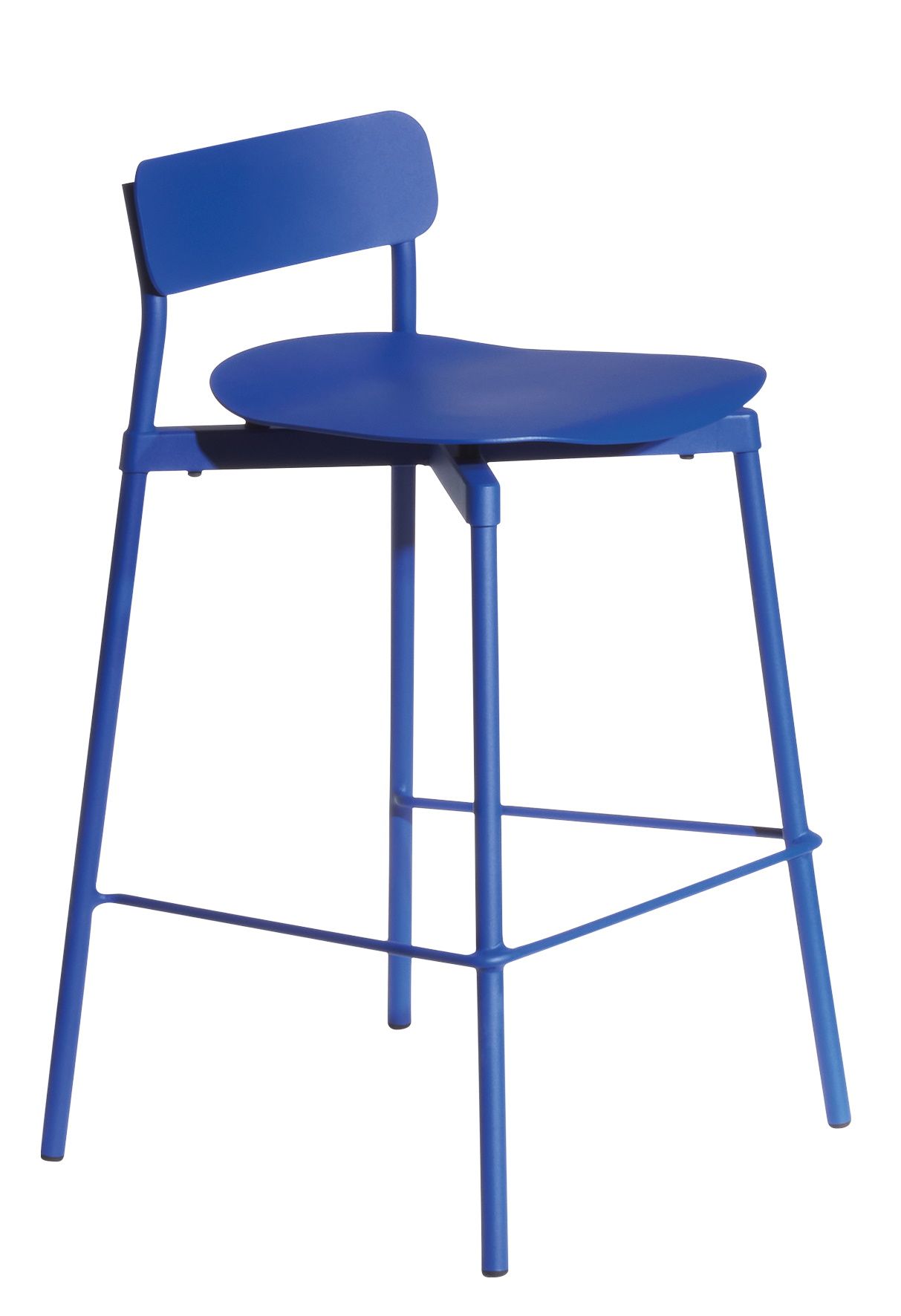 Blauer Fromme Barstool Barhocker von Petite Friture, H 65 cm, mit Rückenlehne und Fußstütze.