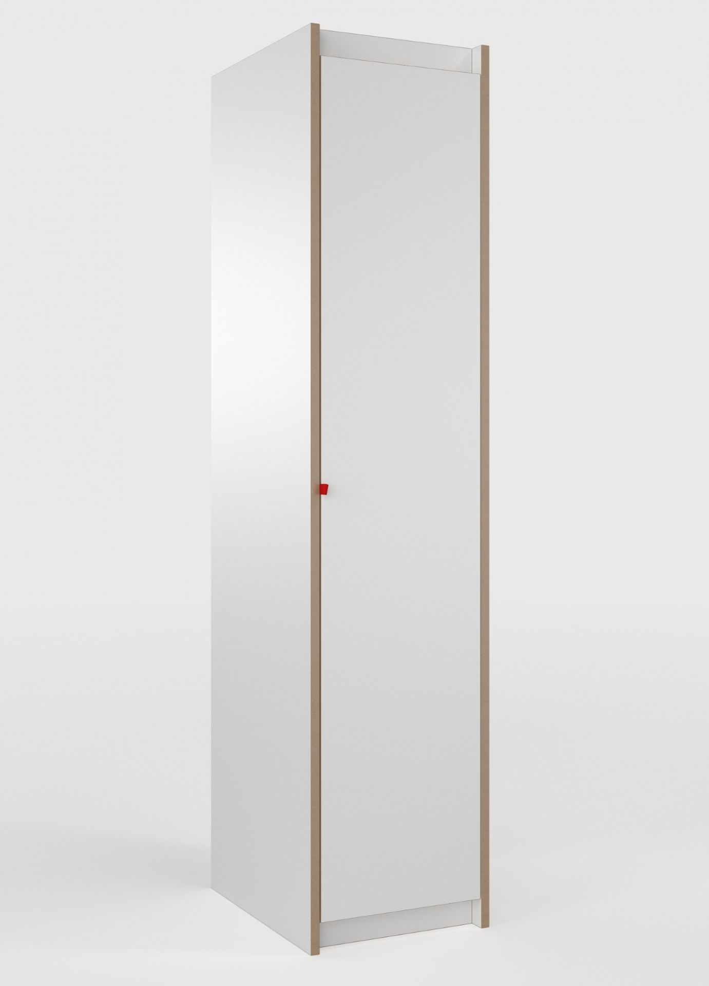 Weißer Tojo Steh Schrank Grundmodul mit Tür und rotem Griff, minimalistisches Design.