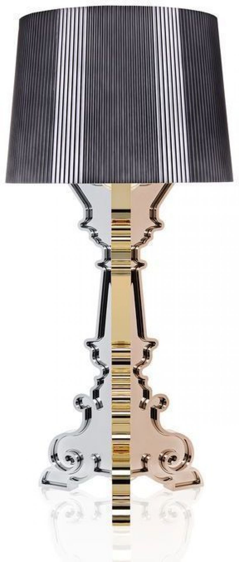 Bourgie Tischleuchte von Kartell in Titan und Silber mit plissiertem Lampenschirm für Wohnzimmer.