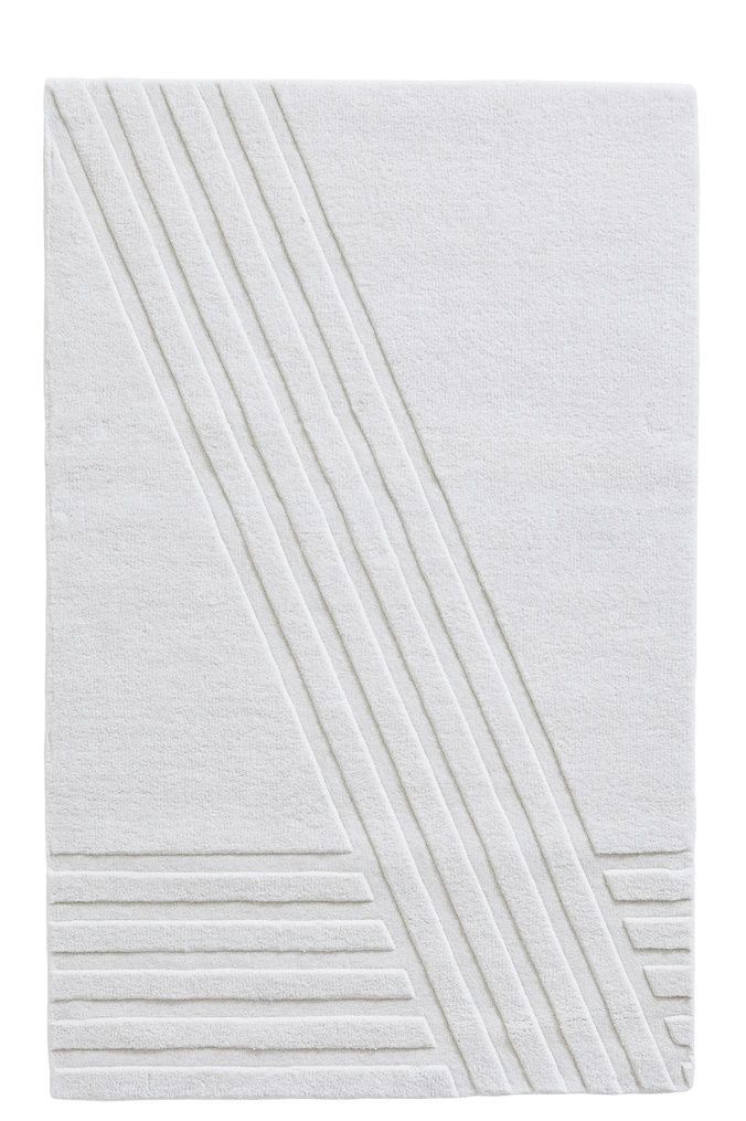 Weißer Kyoto Teppich von Woud, 90x140 cm, mit geometrischem Muster und weicher Textur.