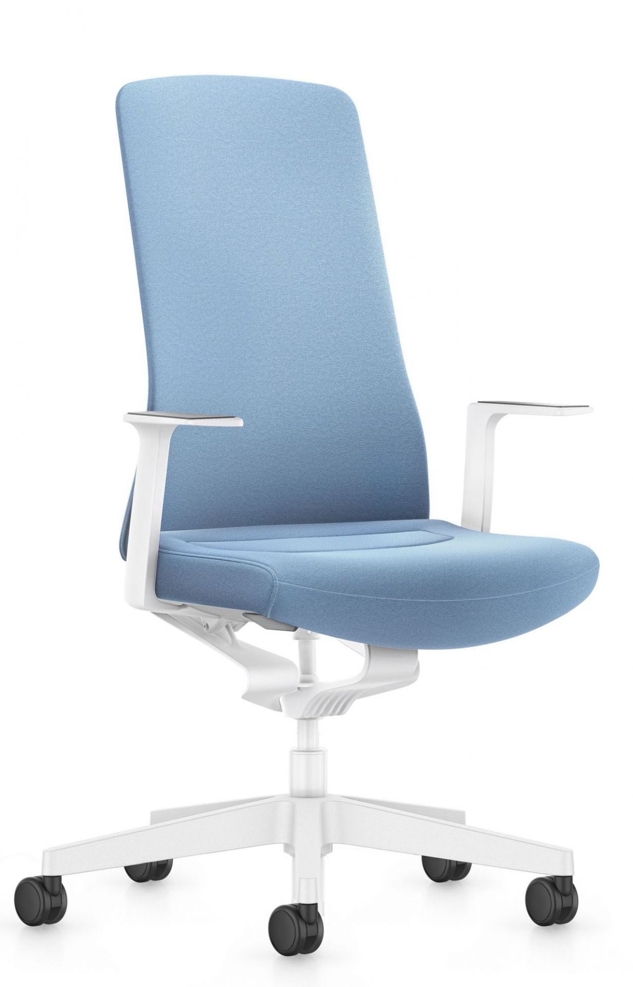 PUREis3 Bürostuhl von Interstuhl mit blauem Polster und weißem Gestell.