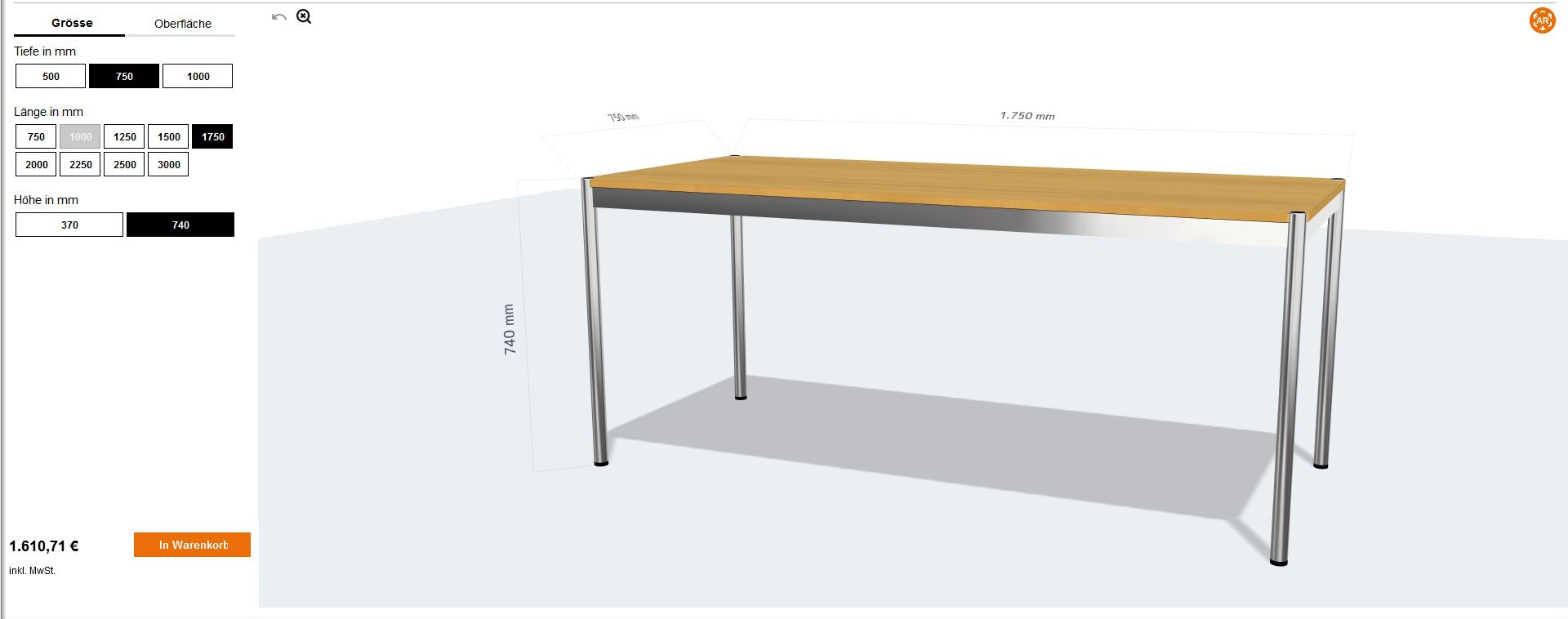 USM Haller Tisch Konfigurator: Visualisierung eines individuell gestaltbaren Tisches mit Holzplatte und Chromgestell.